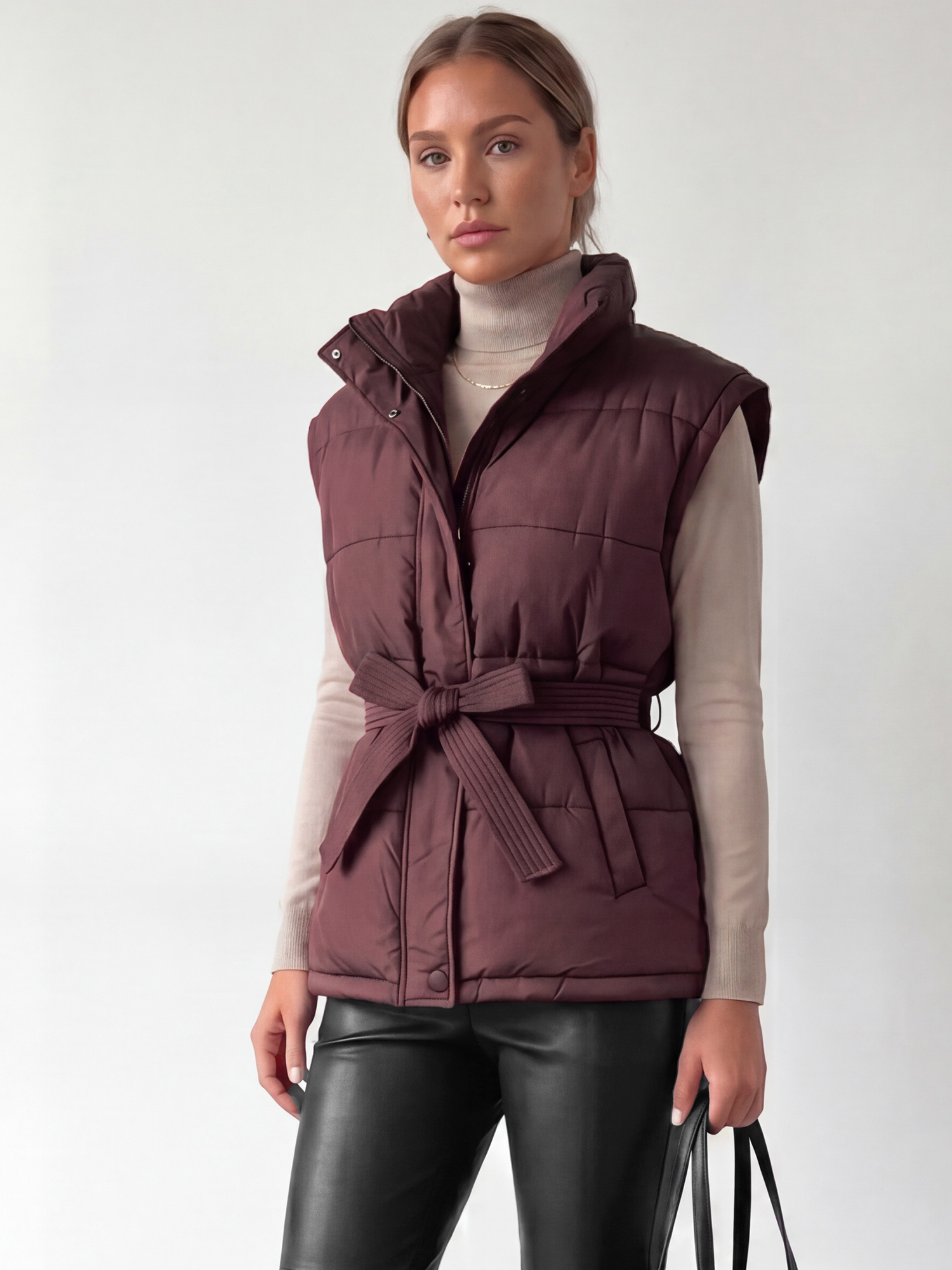 Stand Collar Zip Up Lightweight Padded Belted Puffer Vests Burgundy/M