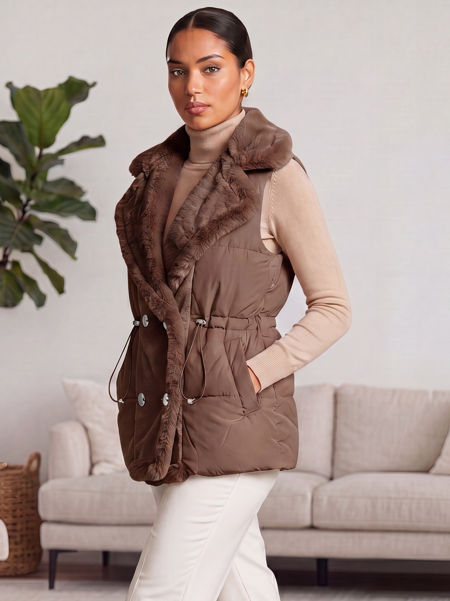 Plush Splicing Lapel Collar Double Breasted Quilted Puffer Vest Coffee/M