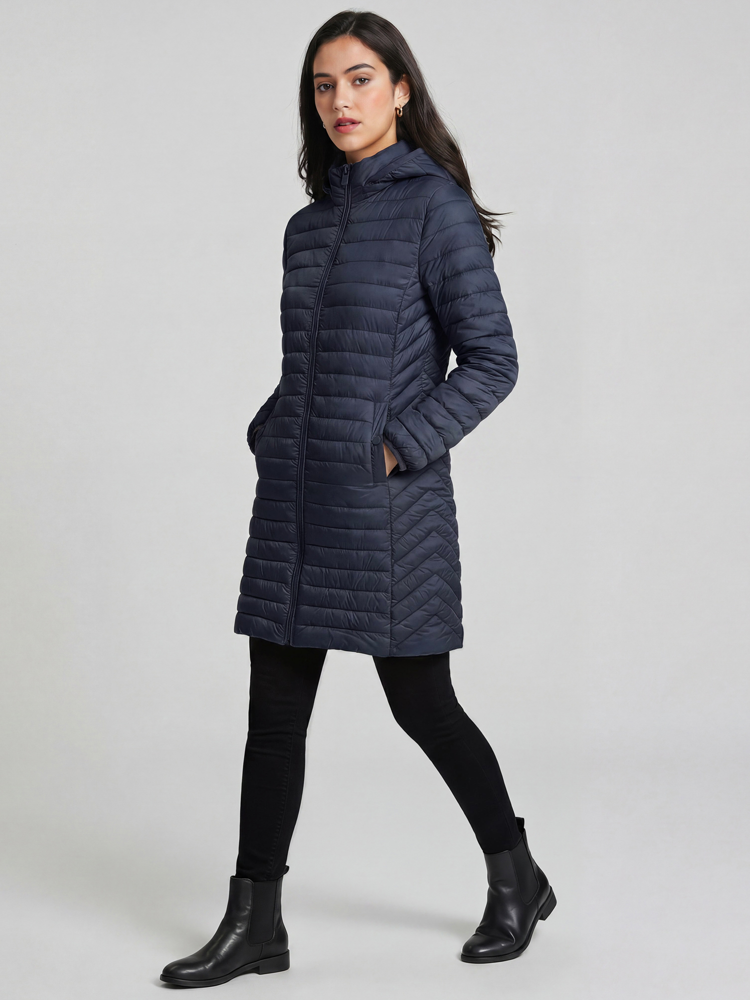 Detachable Hood Mid-Length Quilted Puffer Coat Navy Blue/XL