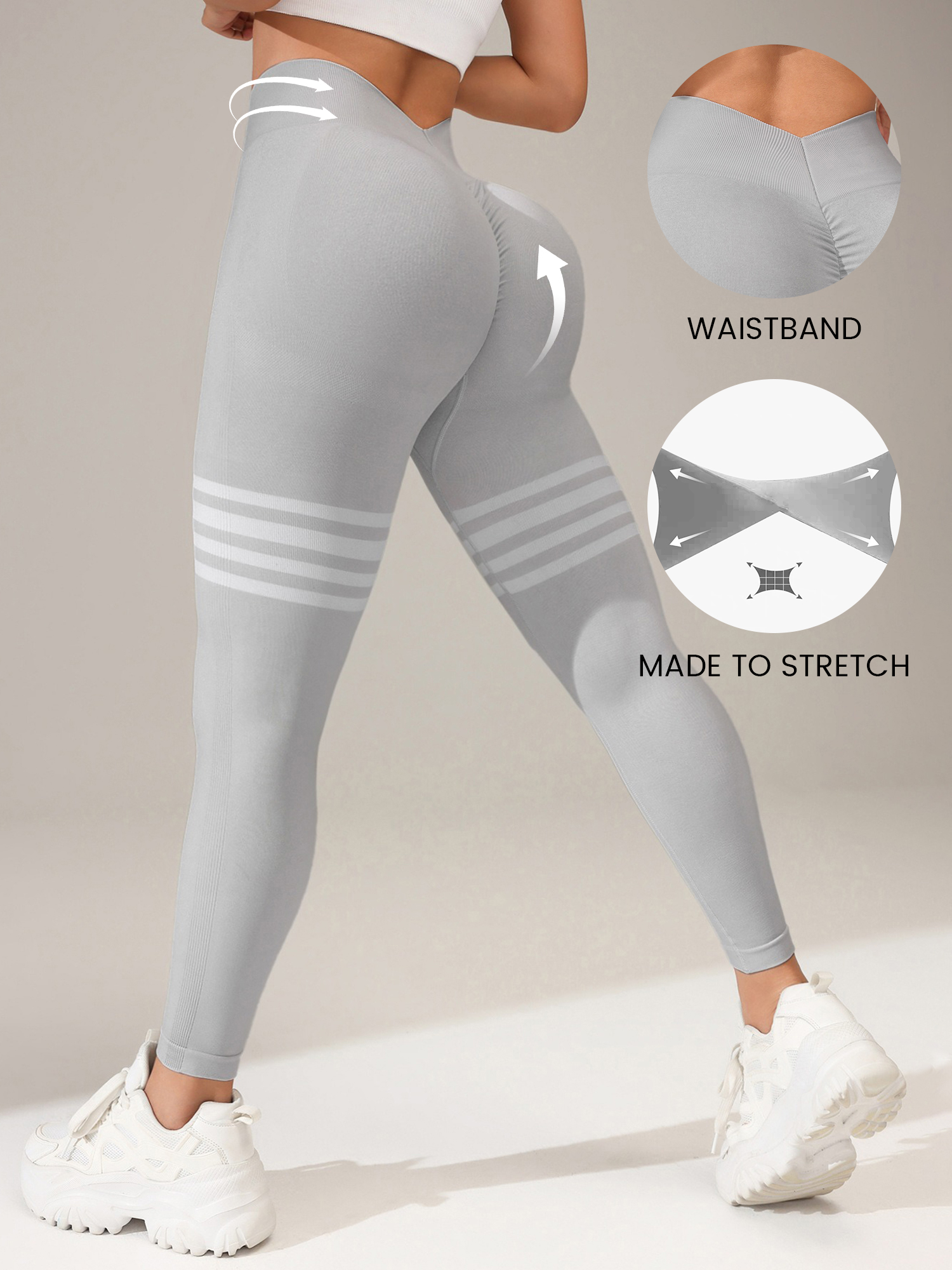 Striped Workout Butt-Lifting Yoga Pants Sports Leggings Light Gray/XL
