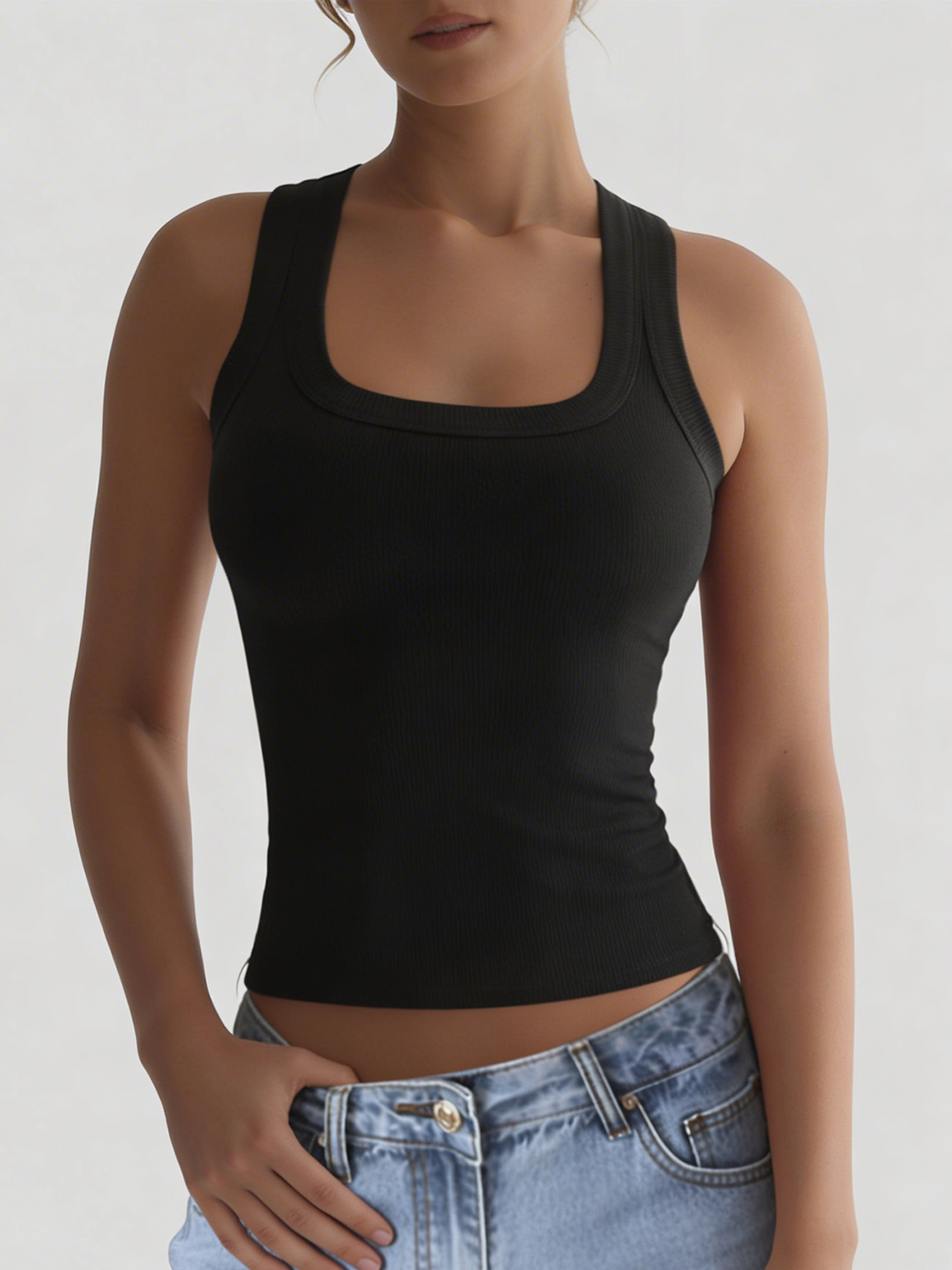 U Neck Sleeveless Casual Solid Color Tank Top Black/M