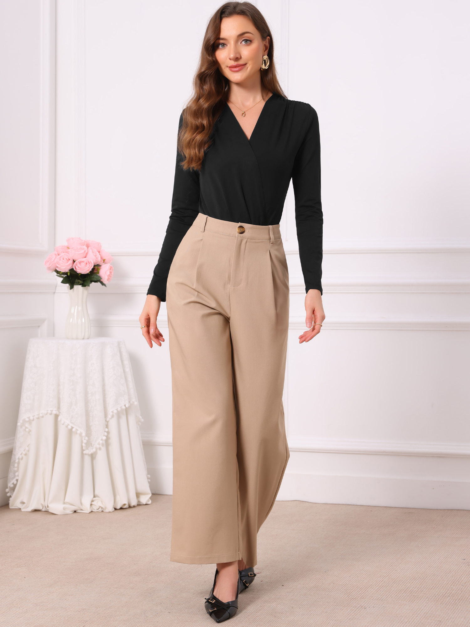 Faux Wrap V Neck Ruched Business Casual Bodysuit Black/M