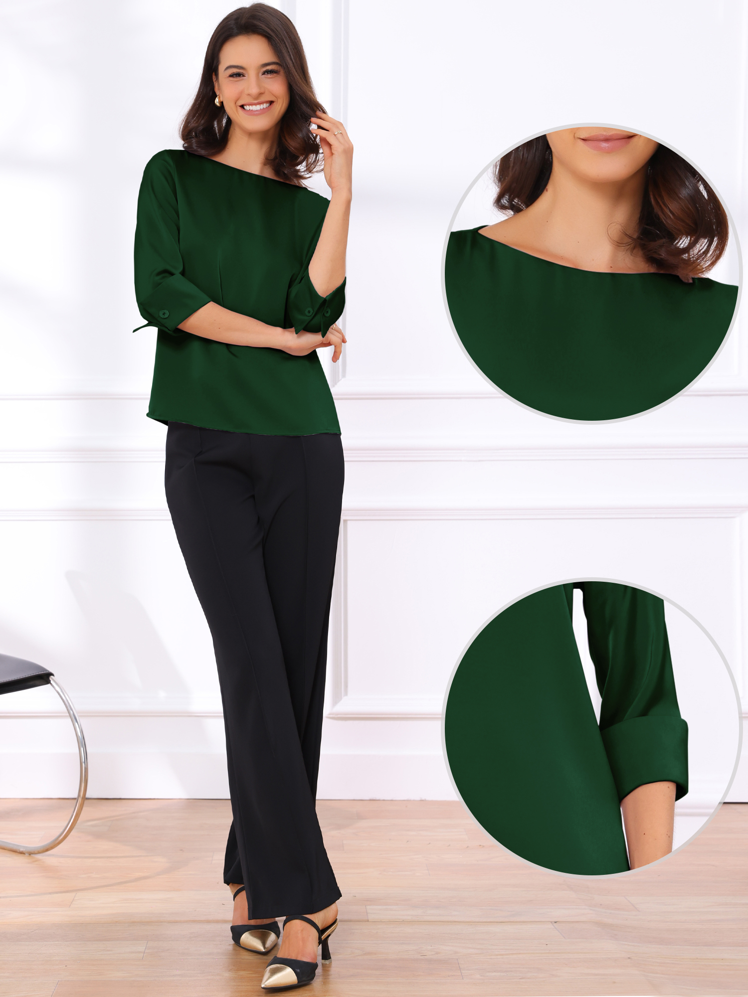 Dressy Casual Boat Neck 3/4 Sleeve Work Satin Blouse Green/XL