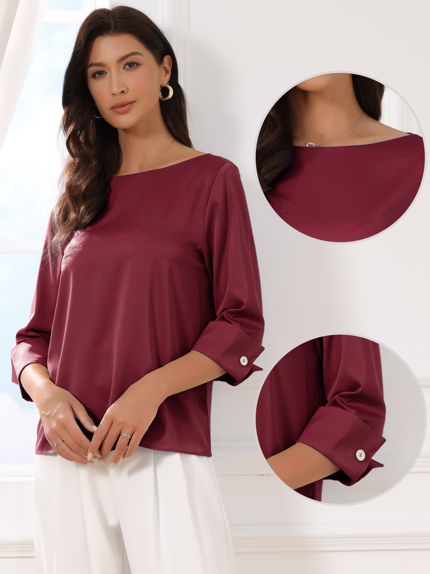 Dressy Casual Boat Neck 3/4 Sleeve Work Satin Blouse Dark Red/S