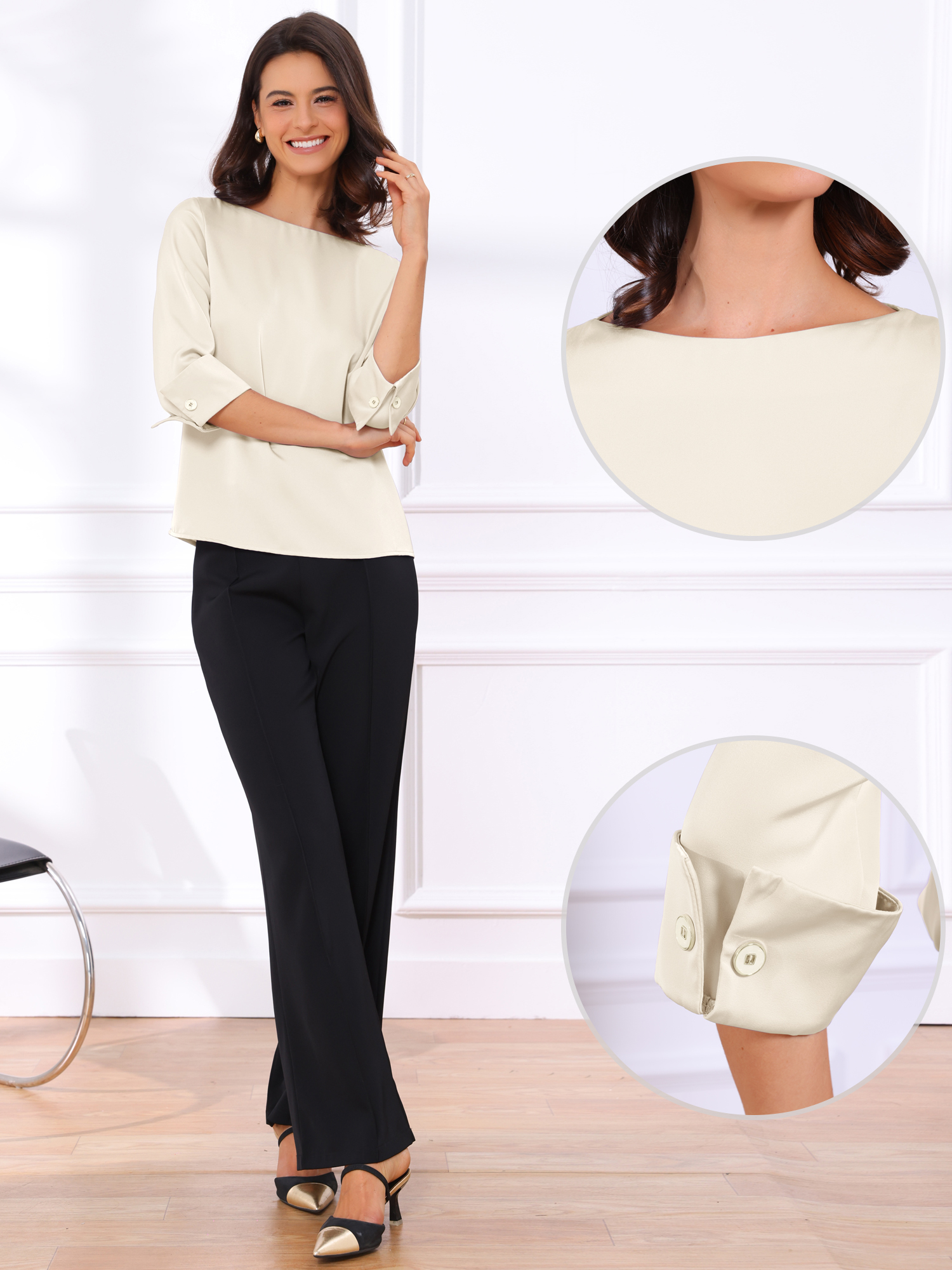 Dressy Casual Boat Neck 3/4 Sleeve Work Satin Blouse Light Champagne/XL