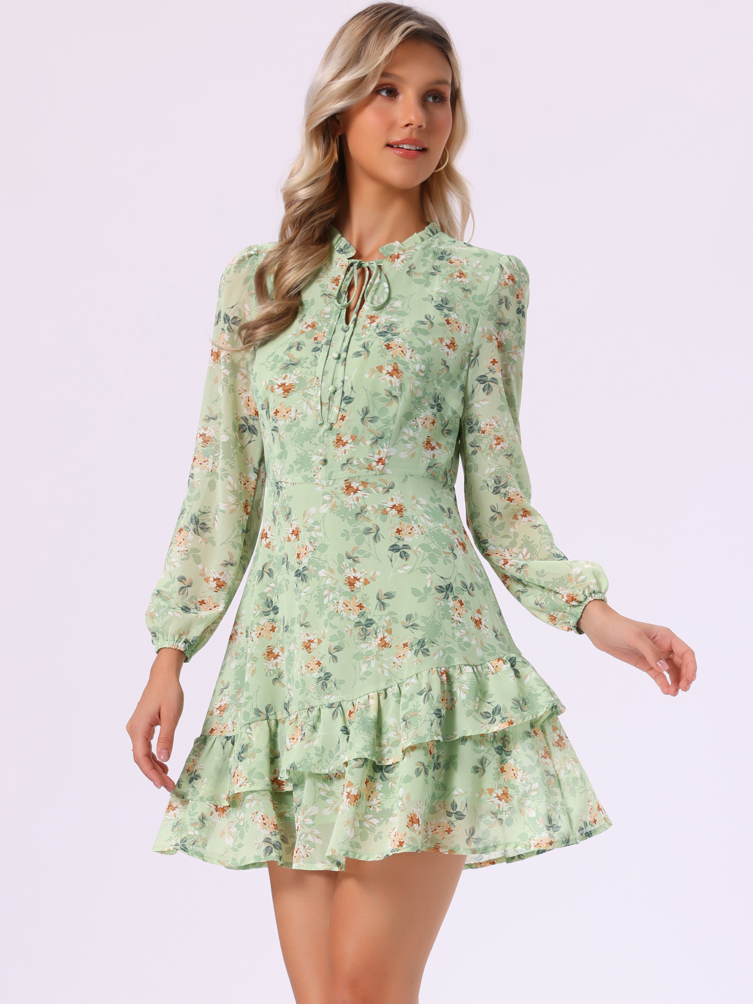 Floral V Neck Semi Sheer Layered Tiered Mini Dress Light Green/XS
