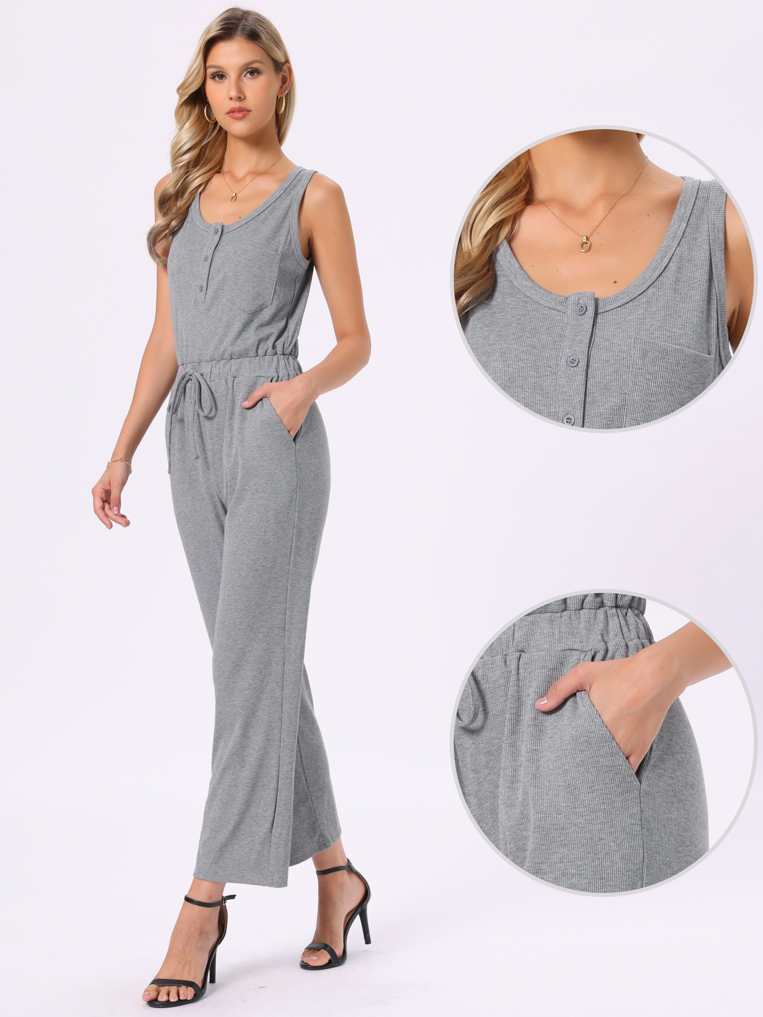 Sleeveless Crew Neck Knit Wide Leg Jumpsuits Gray/S