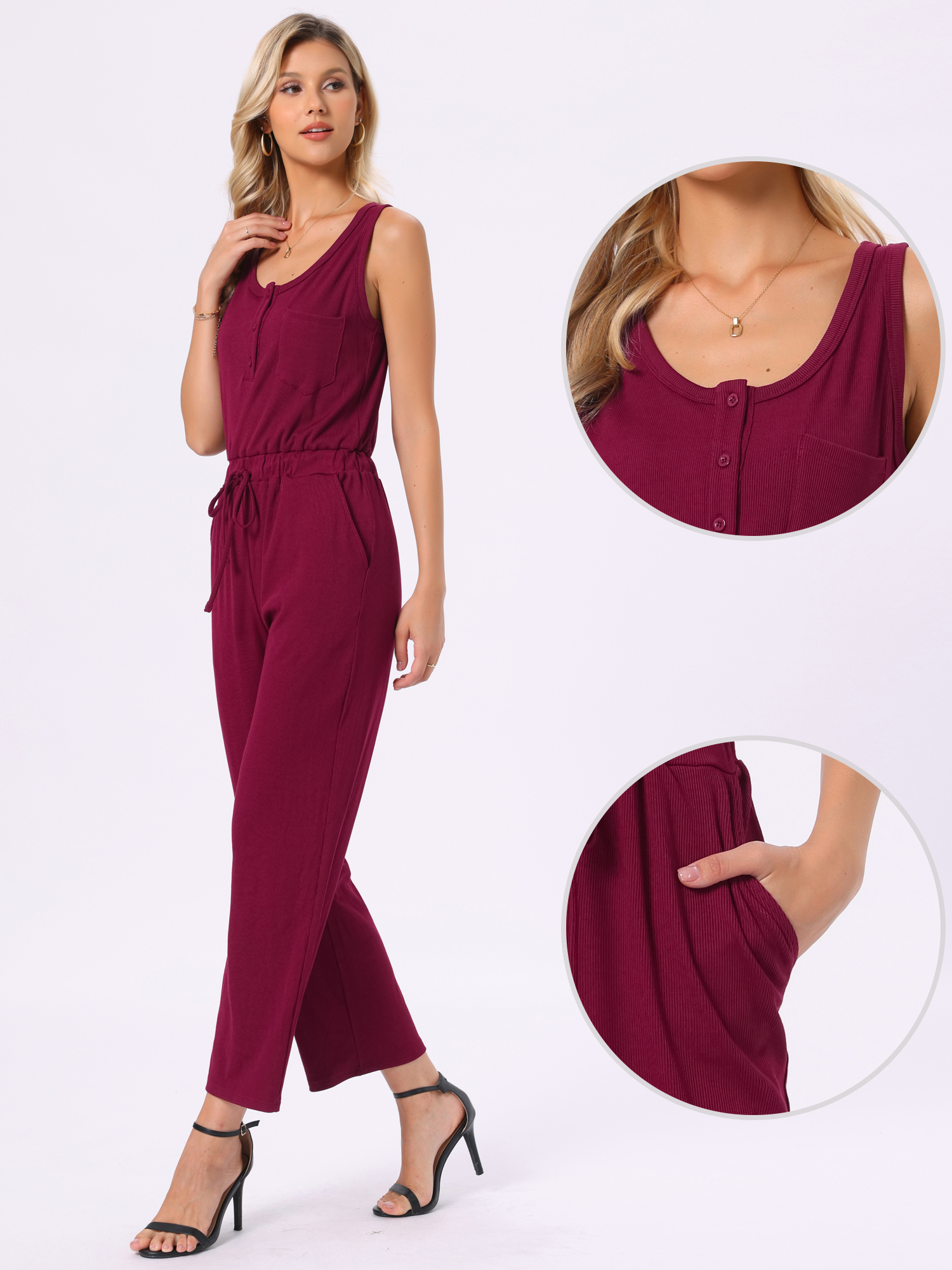 Sleeveless Crew Neck Knit Wide Leg Jumpsuits Wine Red/XS