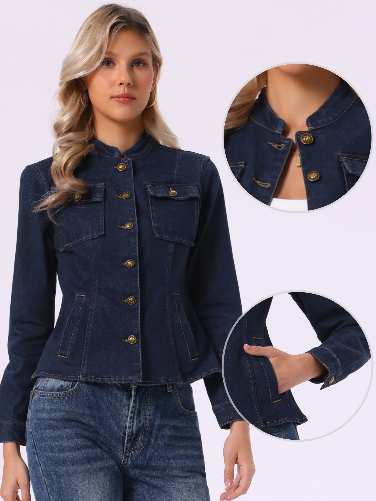 Casual Denim Classic Stand Collar Long Sleeve Jean Jacket Deep Blue/XL
