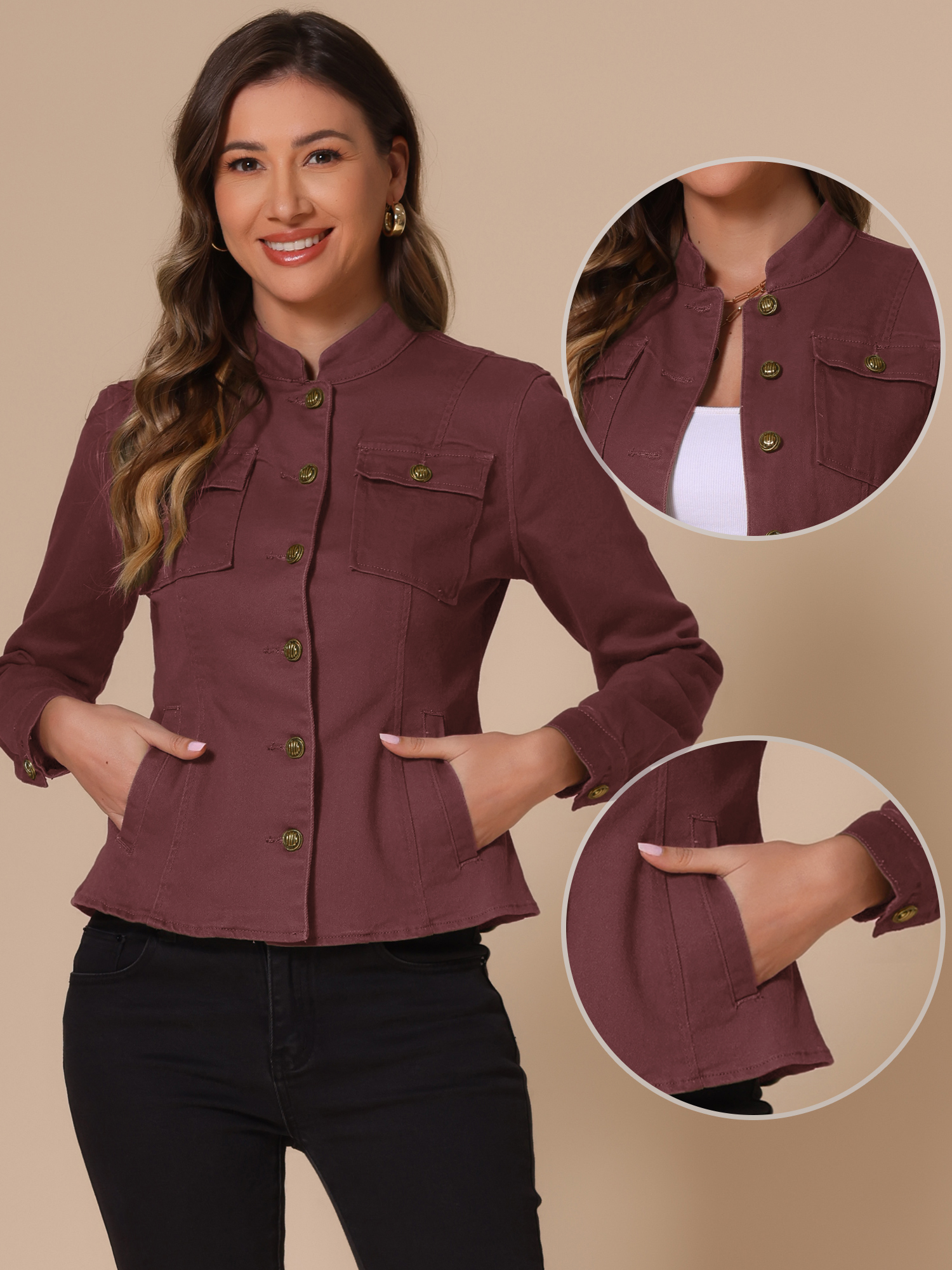 Casual Denim Classic Stand Collar Long Sleeve Jean Jacket Deep Red/M