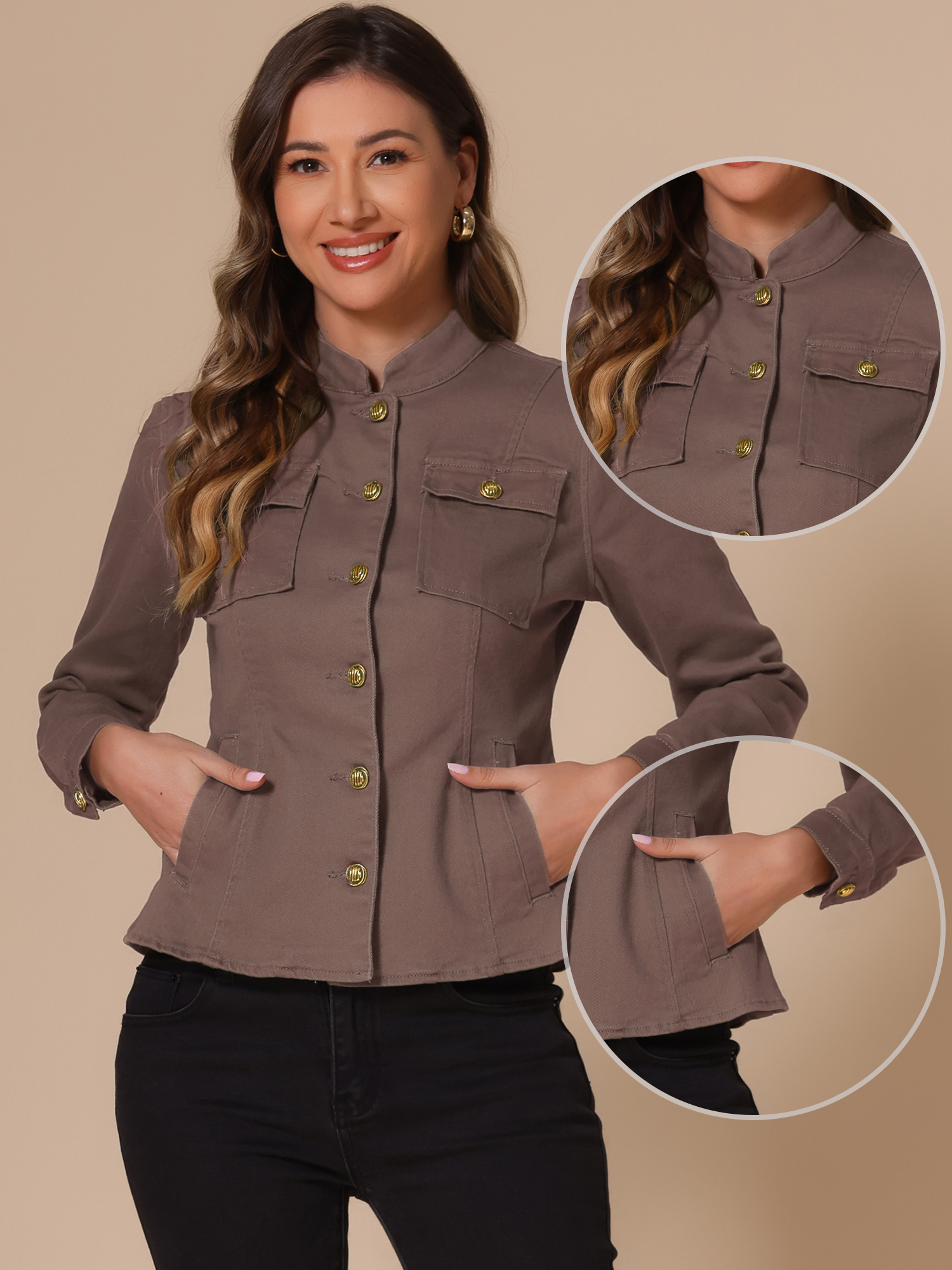 Casual Denim Classic Stand Collar Long Sleeve Jean Jacket Coffee/M