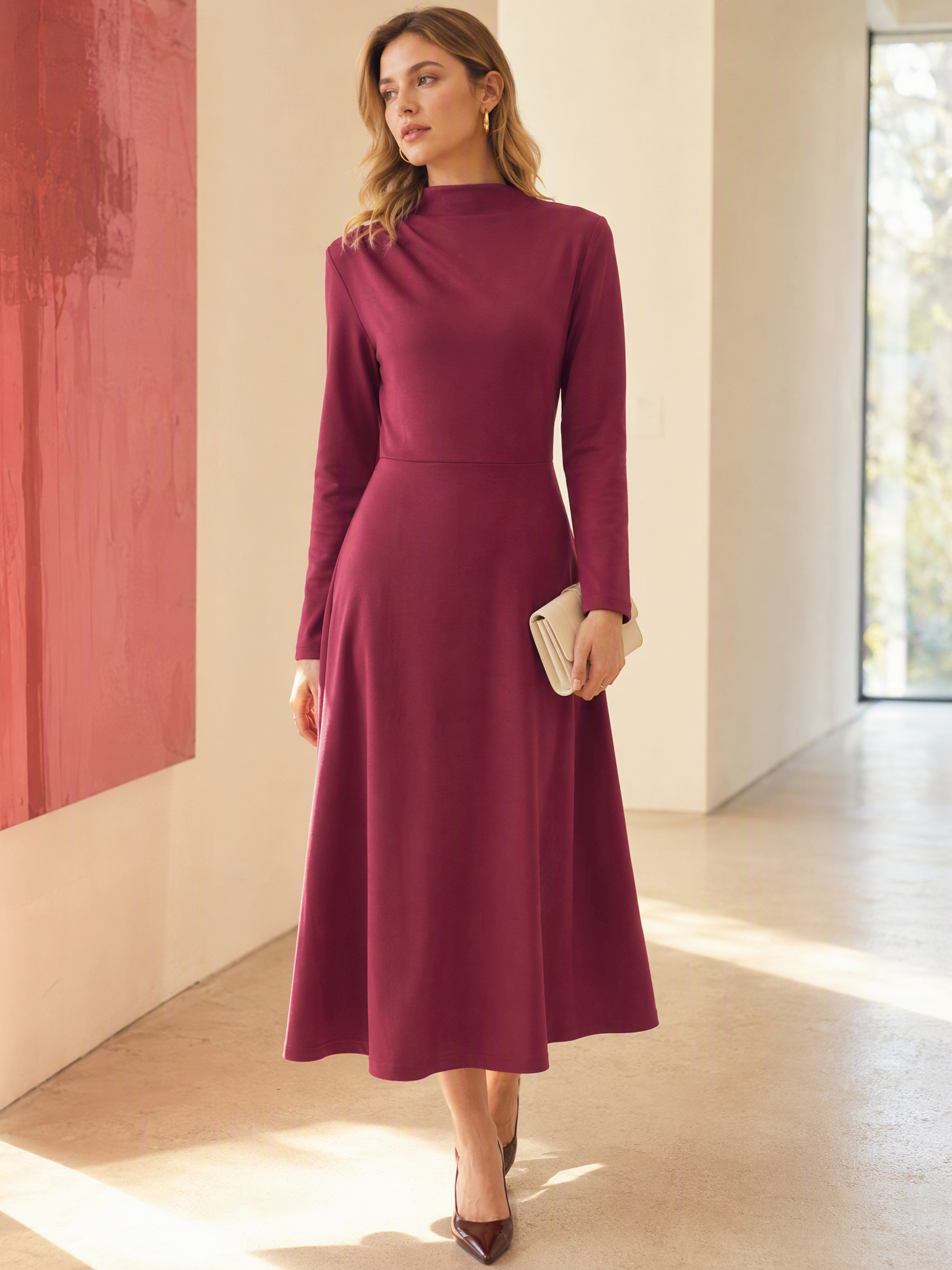 Mock Neck Casual Long Sleeve Ribbed Knit Dress Wine Red/S