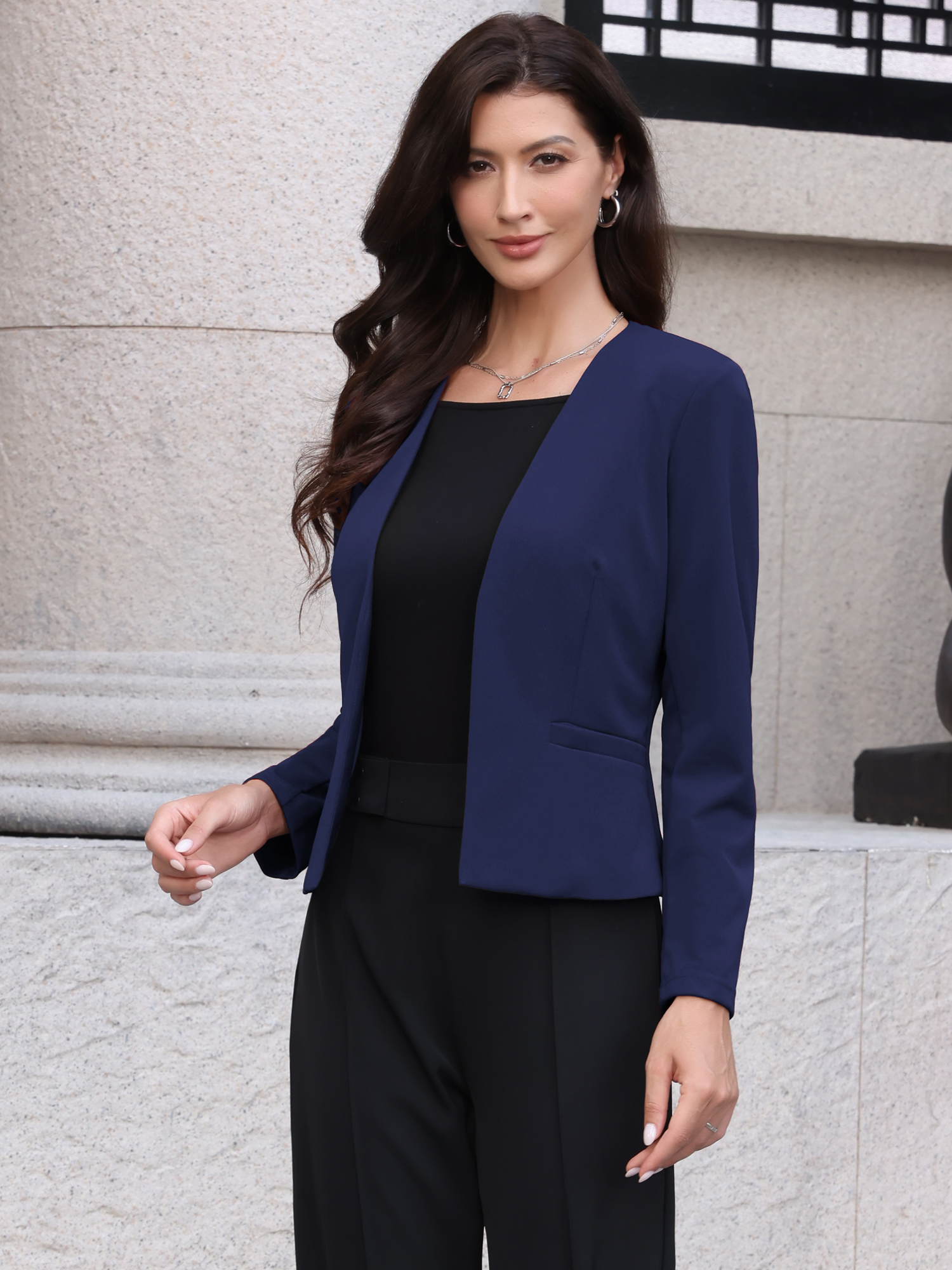 Work Office Long Sleeve Open Front Collarless Blazer Navy Blue/L