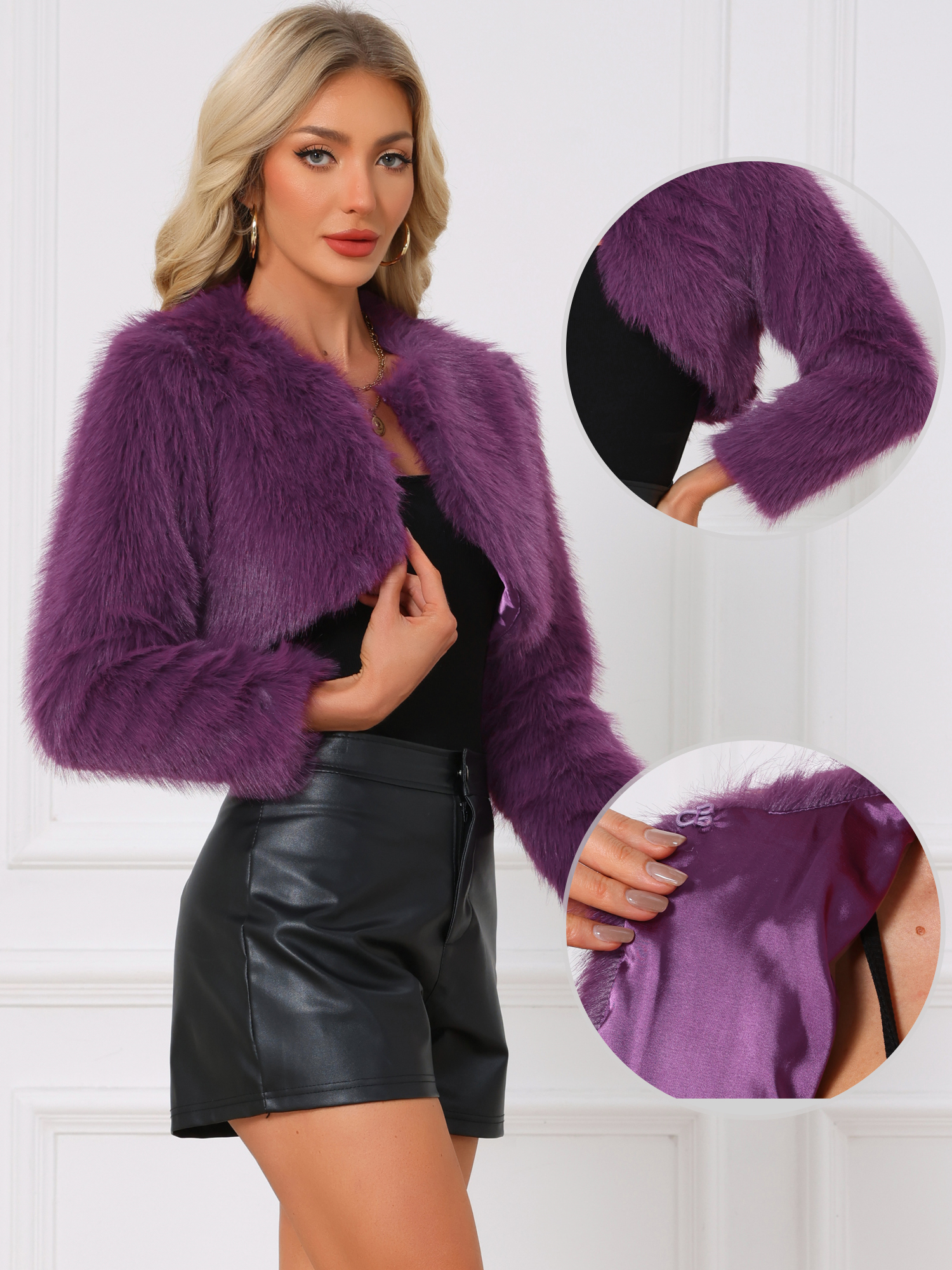 Wedding Bolero Evening Shrug Cropped Faux Fur Jacket Dark Purple/M
