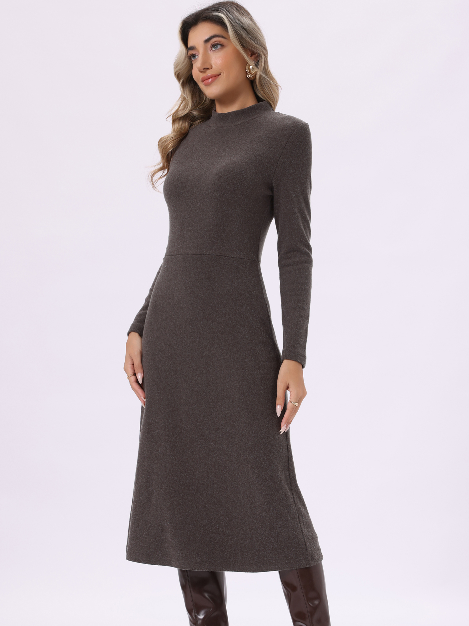 Ribbed Knitted Midi Mock Neck Long Sleeve Sweater Dress Brown/M