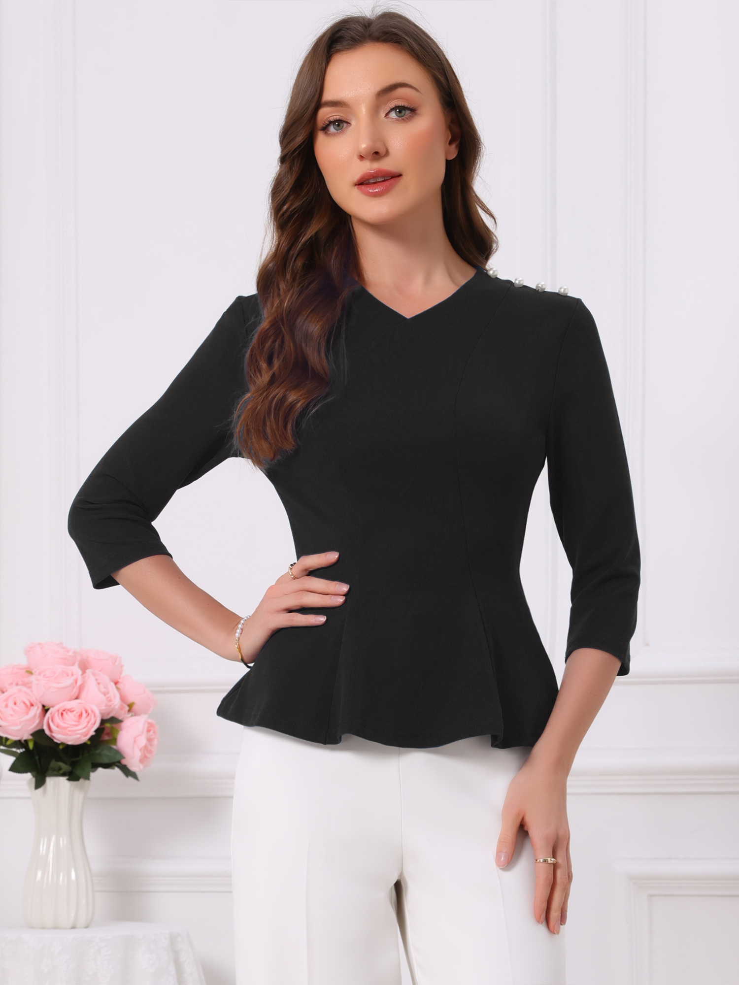 Faux Pearl Decor V Neck Work Office 3/4 Sleeve Peplum Blouse Black/XS