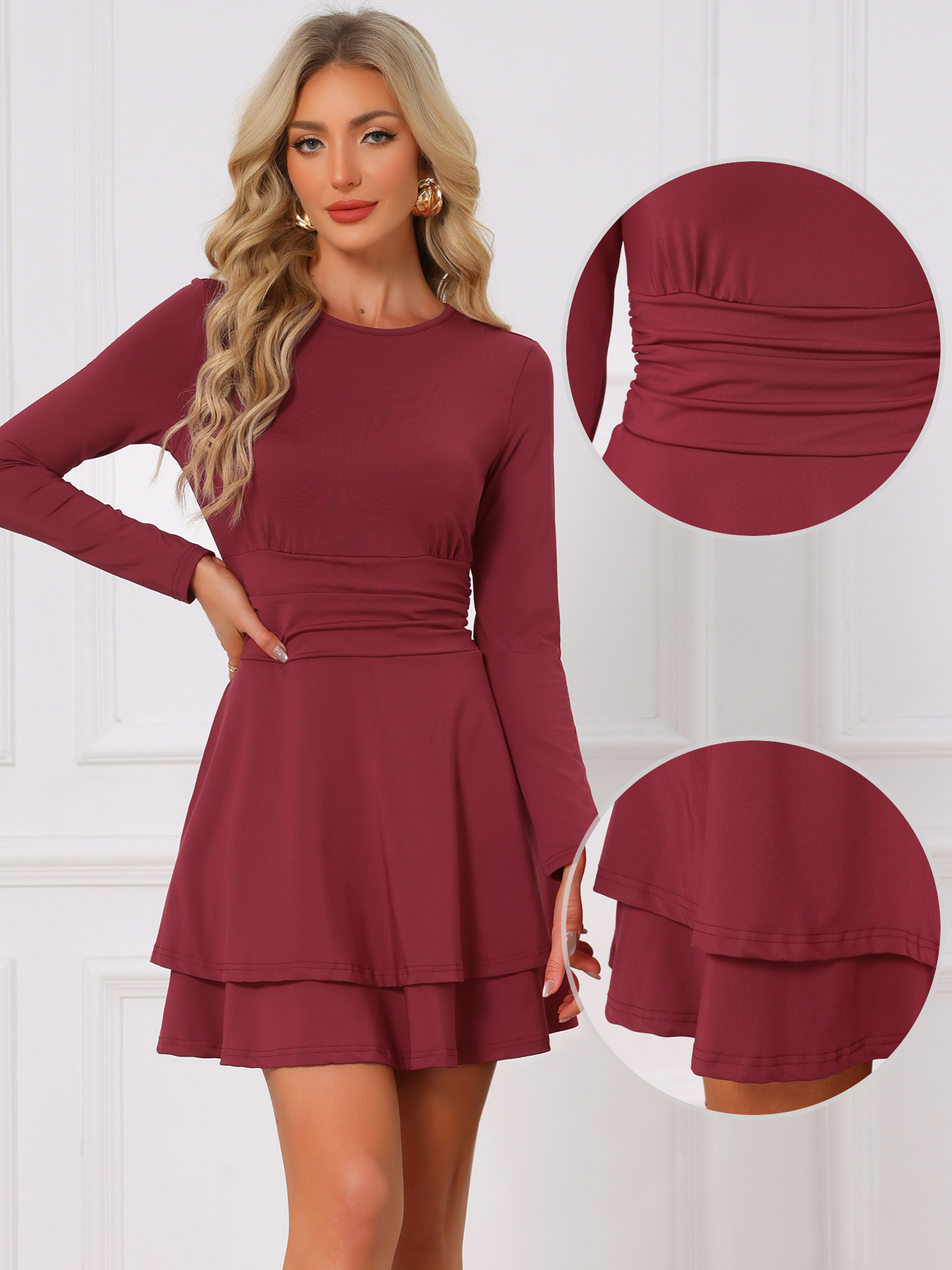 Long Sleeve Crew Neck Ruched Pockets Mini Dress Red/XS