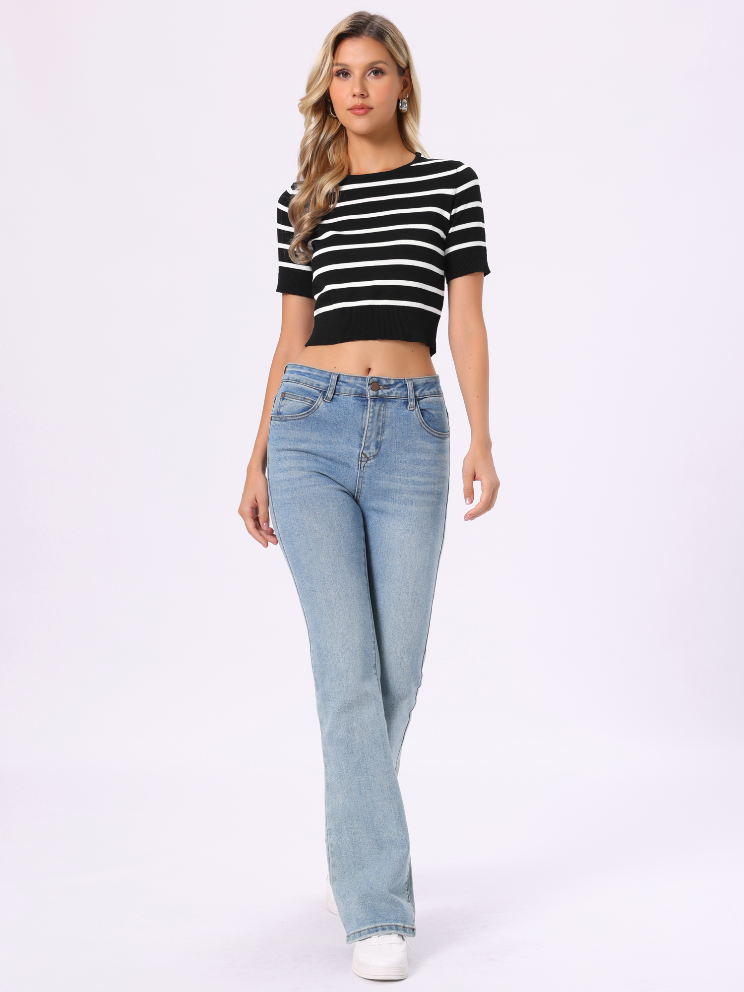 Striped Short Sleeve Crew Neck Stretch Cropped Knit Tops Black/S
