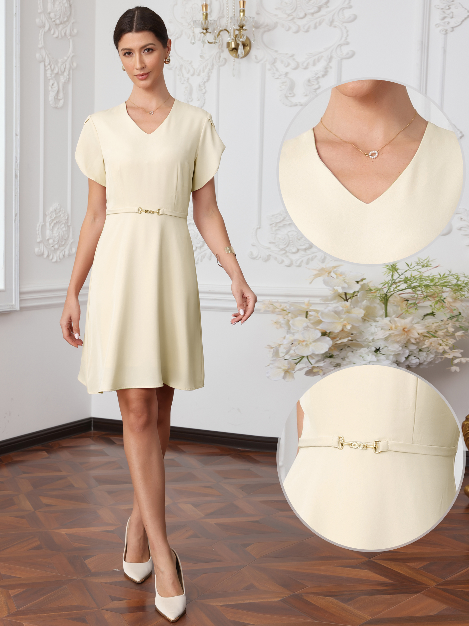V Neck Petal Sleeve Casual Midi Dress Beige/XS