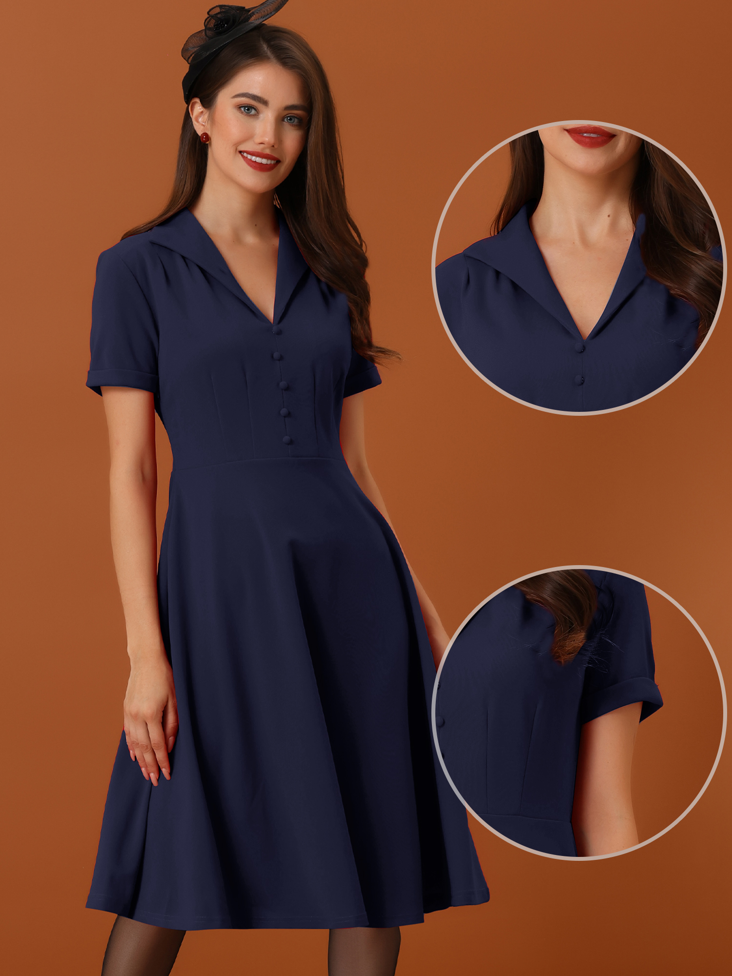 Vintage Flat Collar Solid Color Short Sleeve Fit and Flare Midi Dress Navy Blue/M