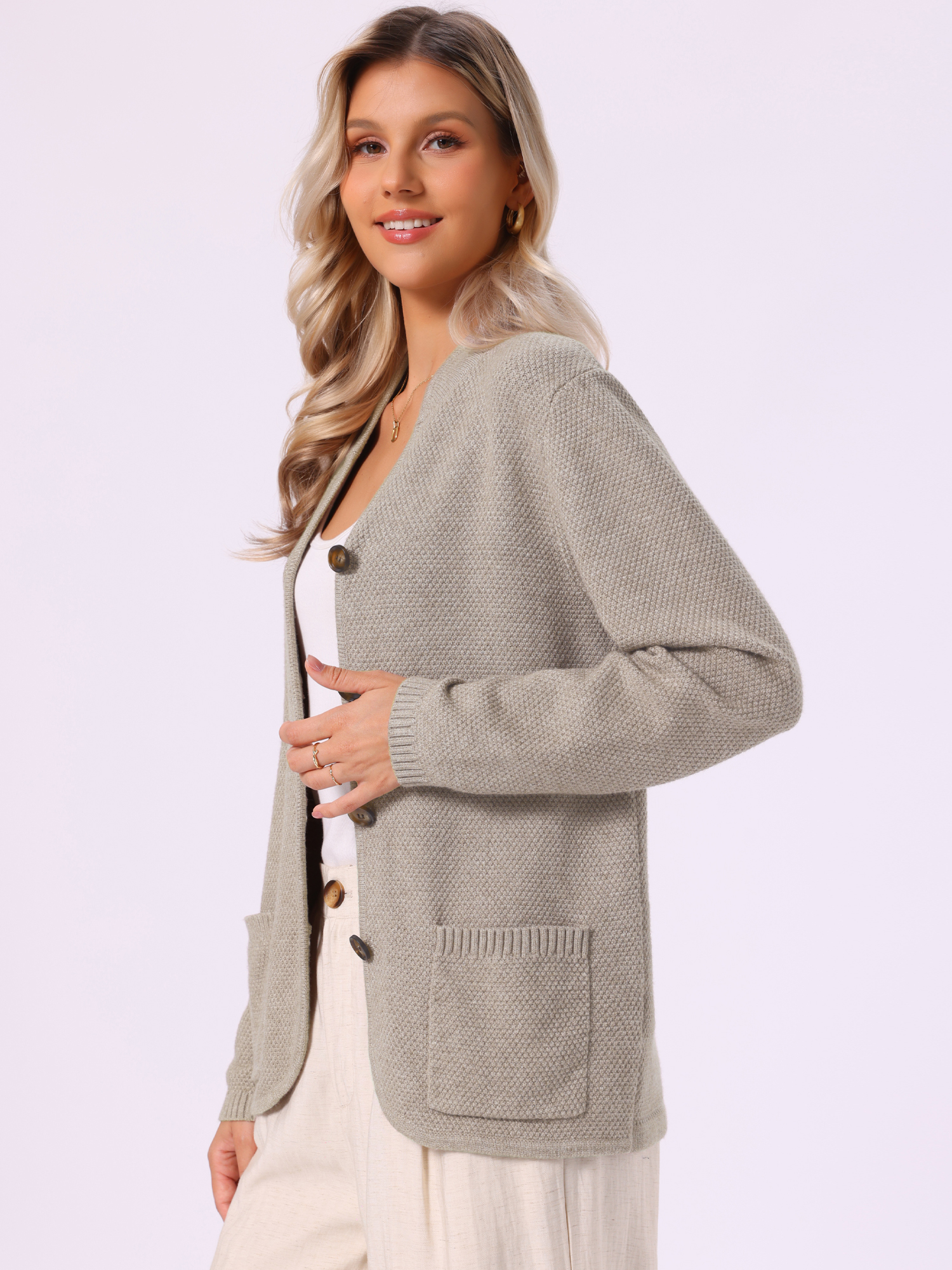 V Neck Button Down Casual Long Sleeve Pockets Cardigan Brown/L