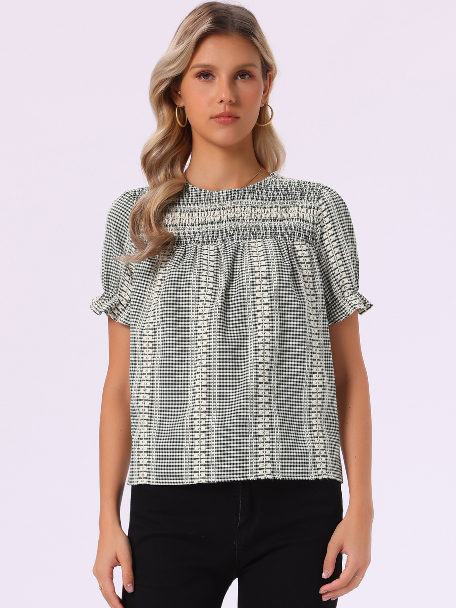 Gingham Smocked Short Puff Sleeve Crew Neck Blouse Black/XS