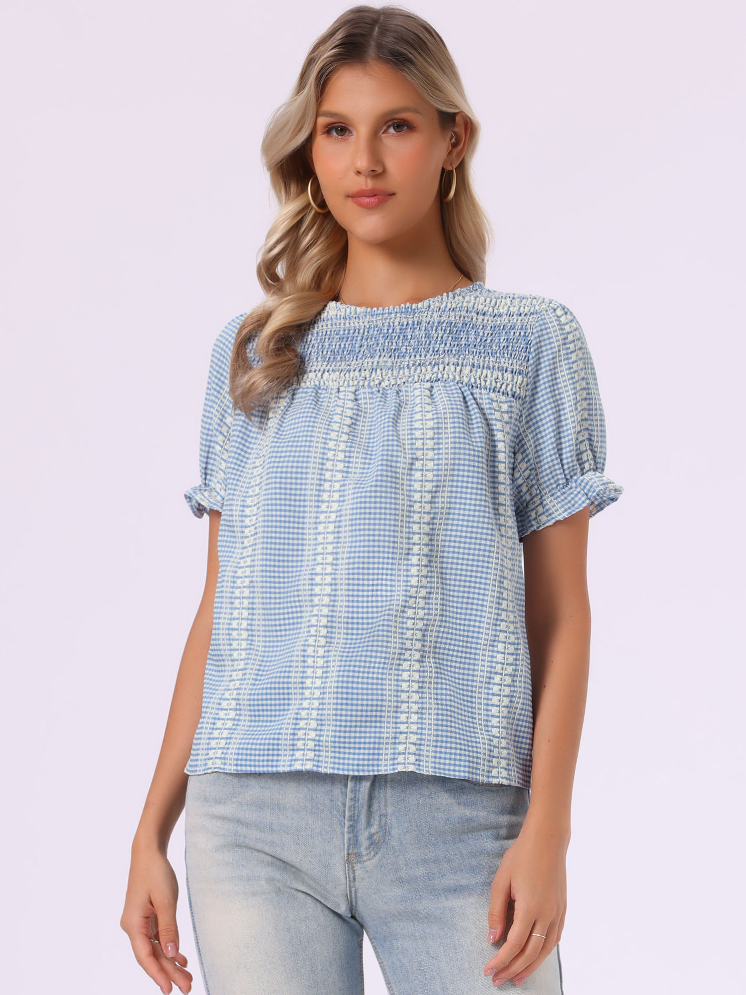 Gingham Smocked Short Puff Sleeve Crew Neck Blouse Light Blue/M