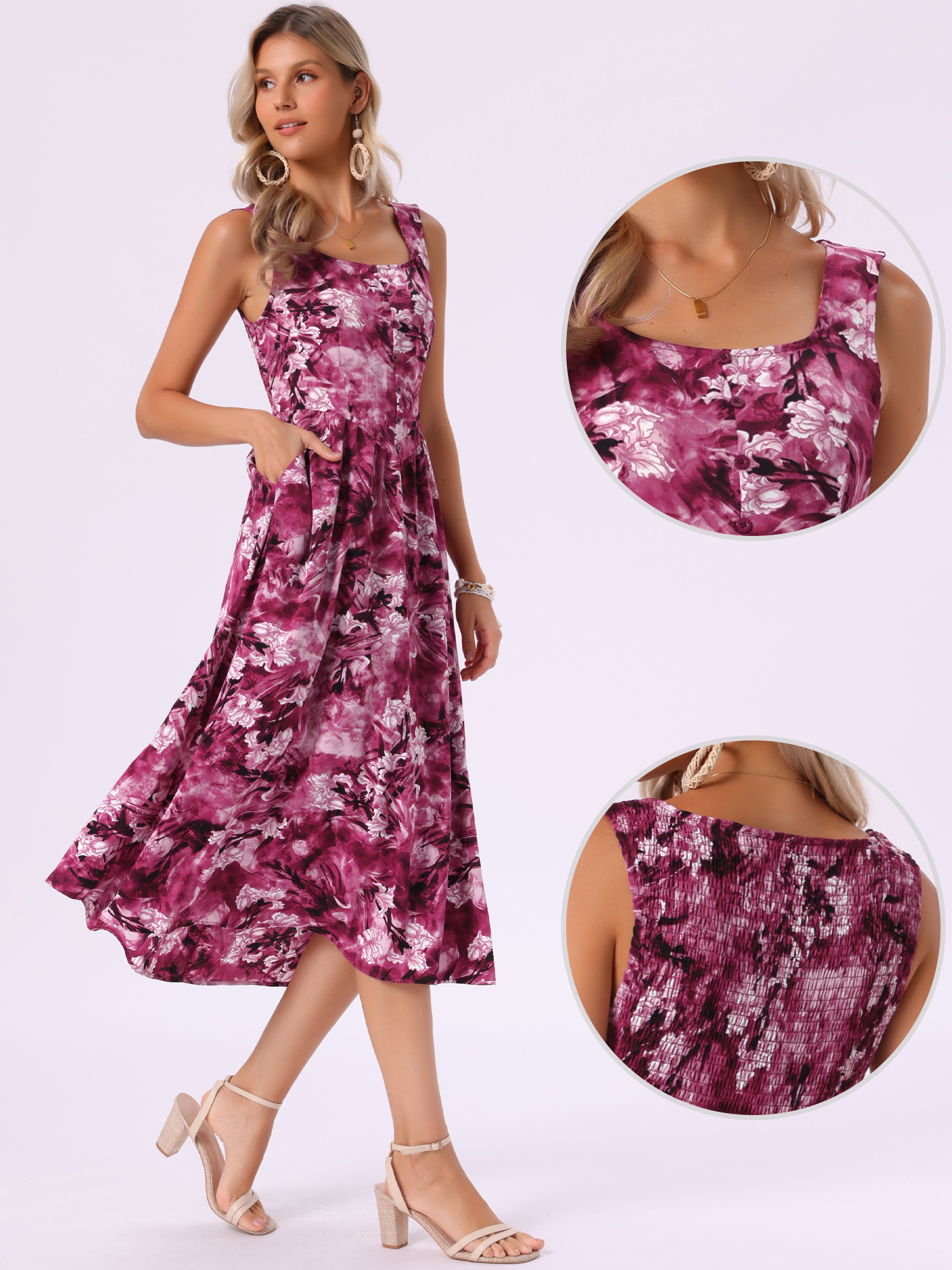 Square Neck Pockets Sleeveless Floral Midi Dress Rose Red/S