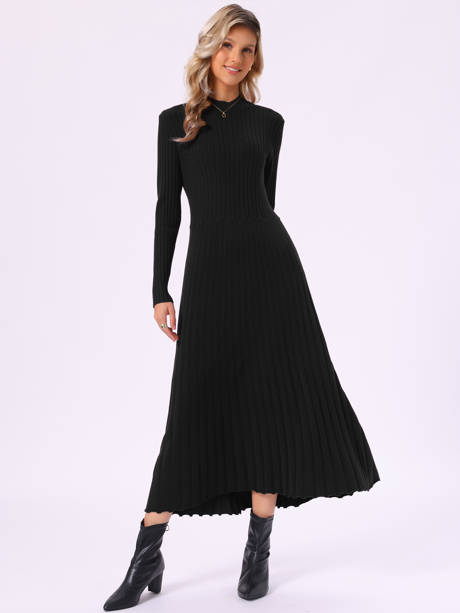 Mock Neck Ribbed Knit A-Line Midi Pleated Sweater Dress Black/S