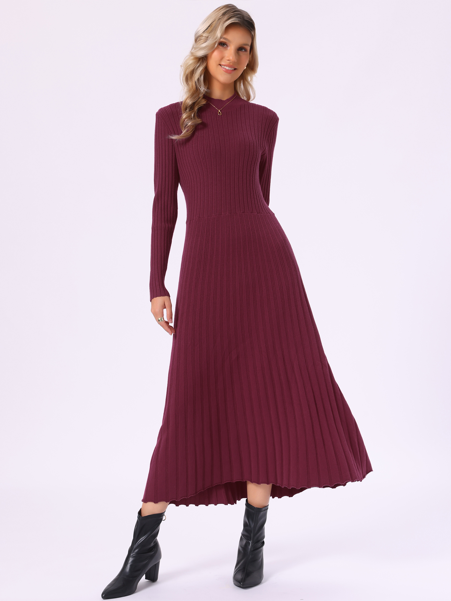Mock Neck Ribbed Knit A-Line Midi Pleated Sweater Dress Red/XL