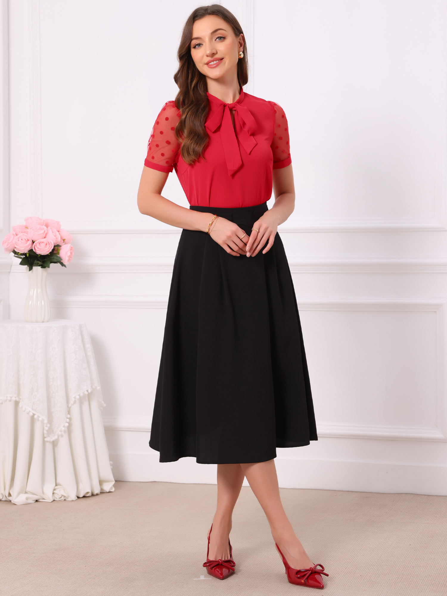 Bow Tie V Neck Stand Collar Short Mesh Sleeve Blouse Red/L