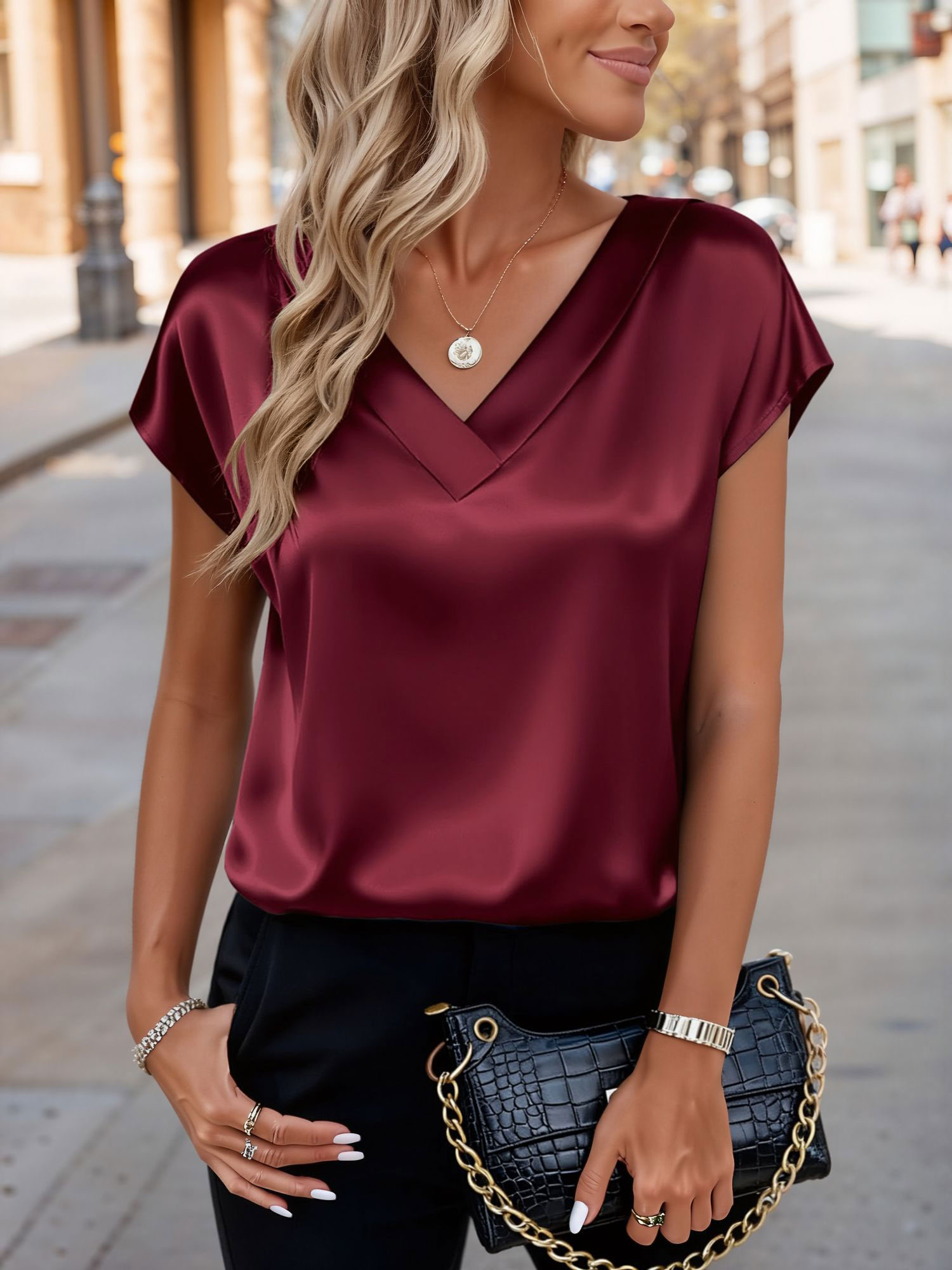 Satin V Neck Short Sleeves Work Blouse Burgundy/S
