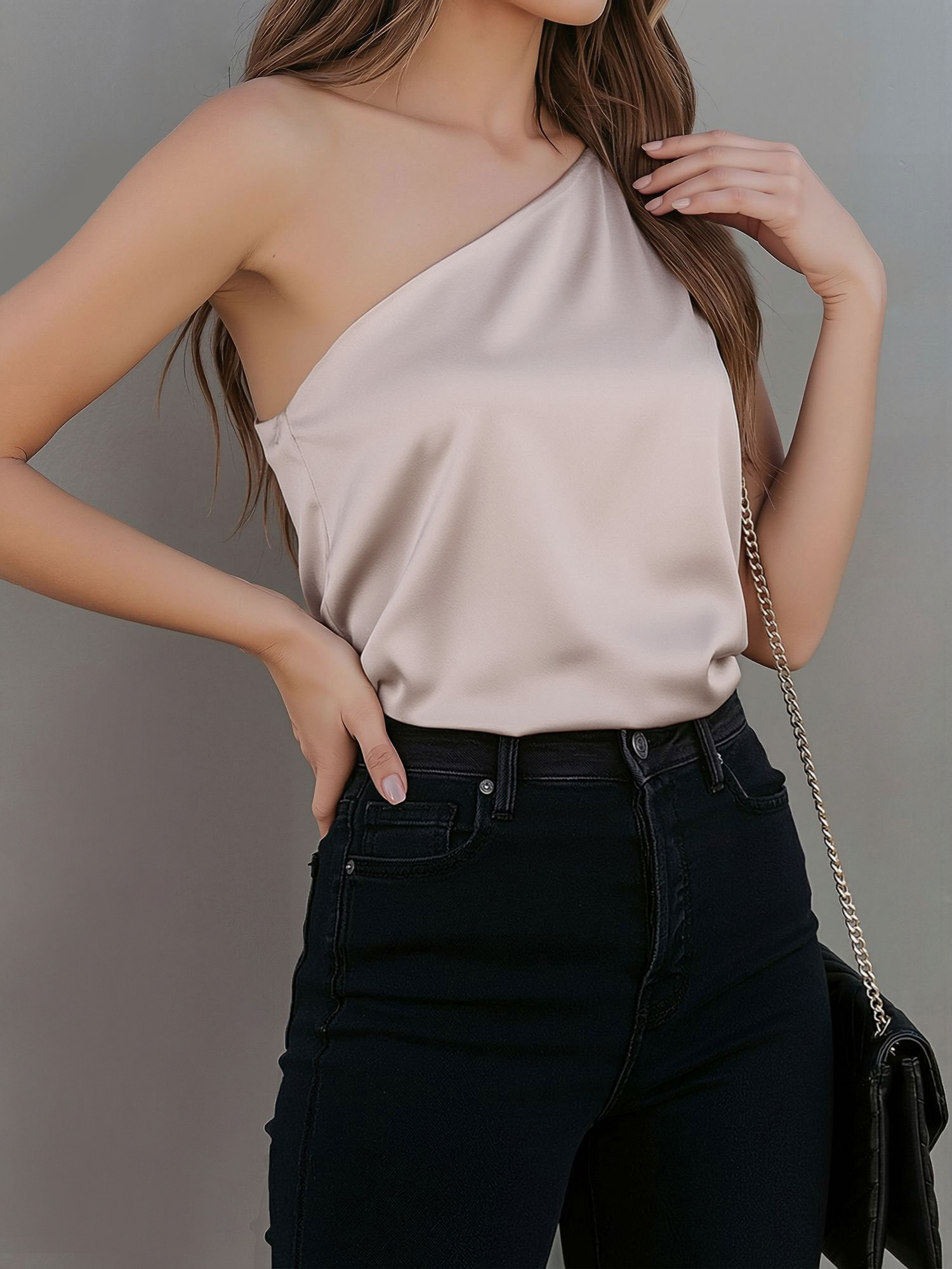 Satin One Shoulder Sleeveless Solid Color Blouse Beige/M