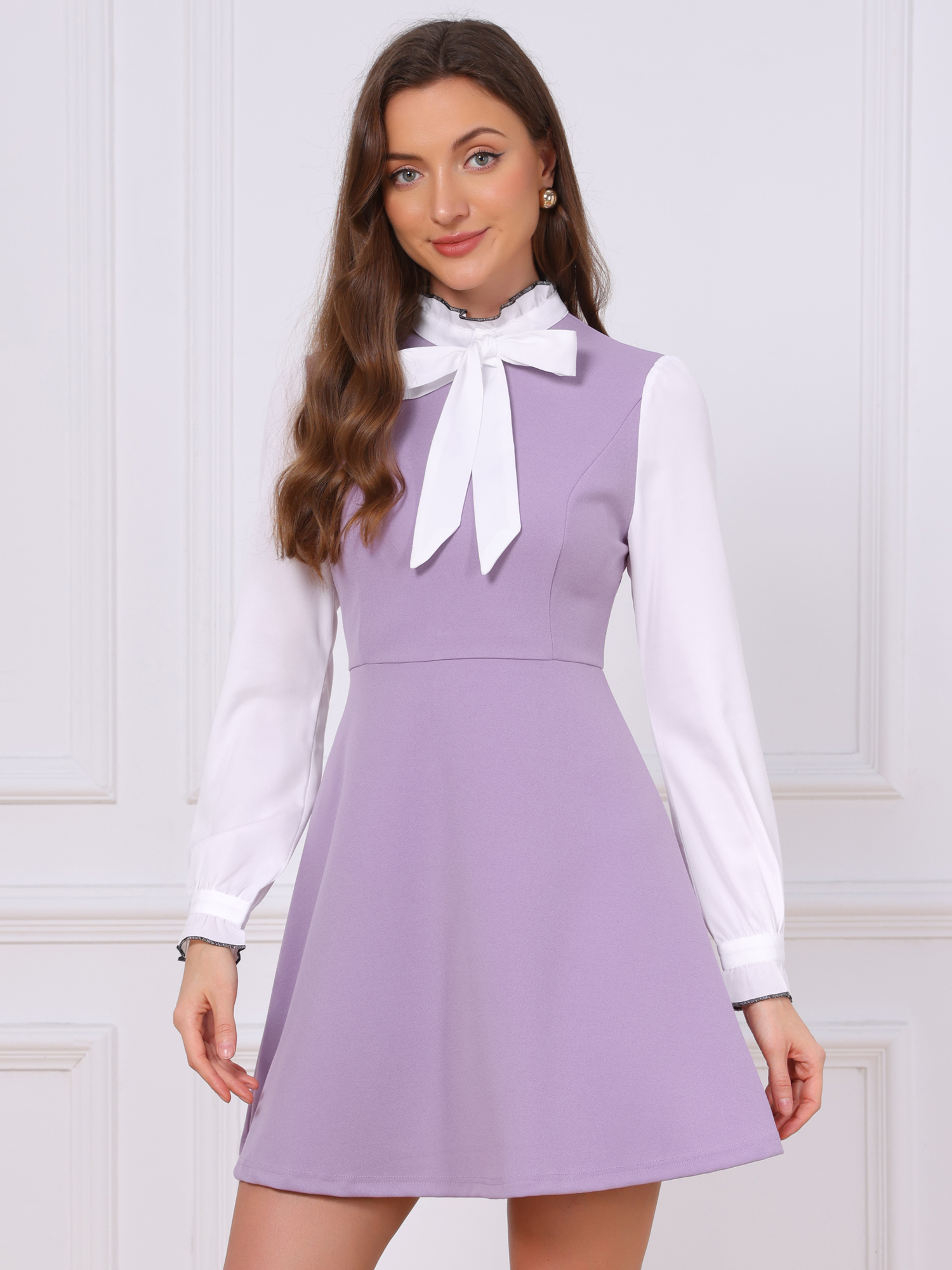 Patchwork Contrast Color Long Sleeve Tie Neck Mini Dress Purple Gray/XL