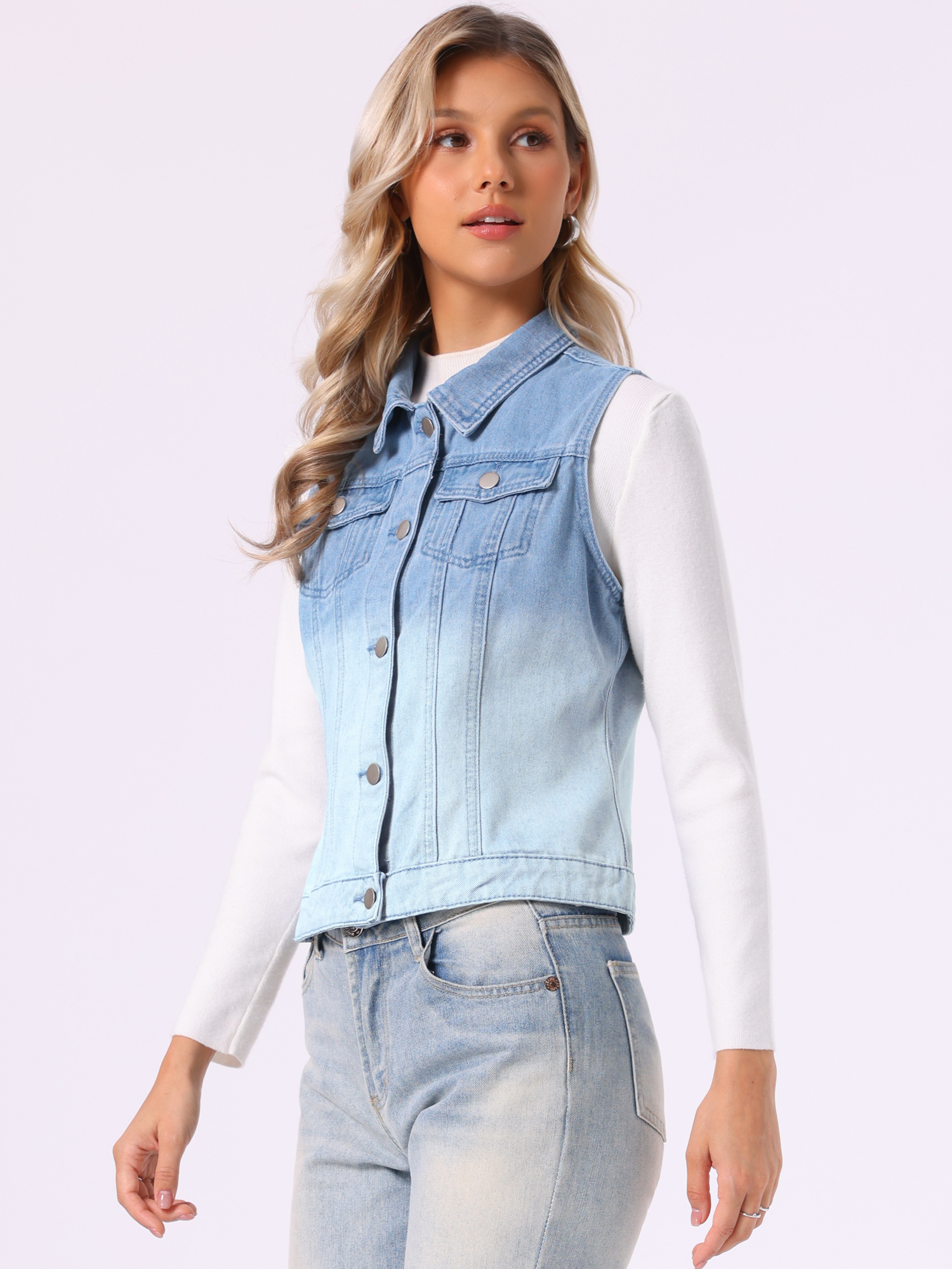Buttoned Chest Flap Pocket Washed Denim Jacket Vest Blue White/XS