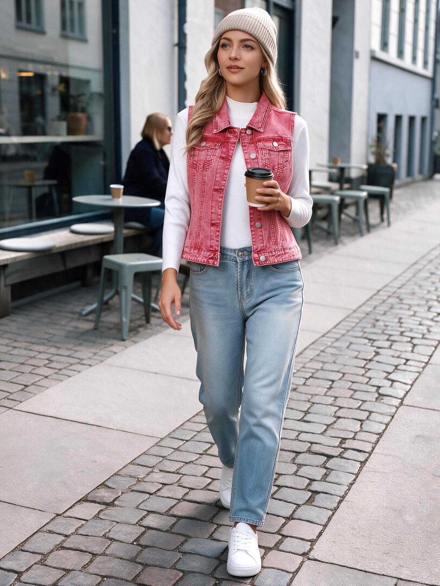 Buttoned Chest Flap Pocket Washed Denim Jacket Vest Washed Red/M