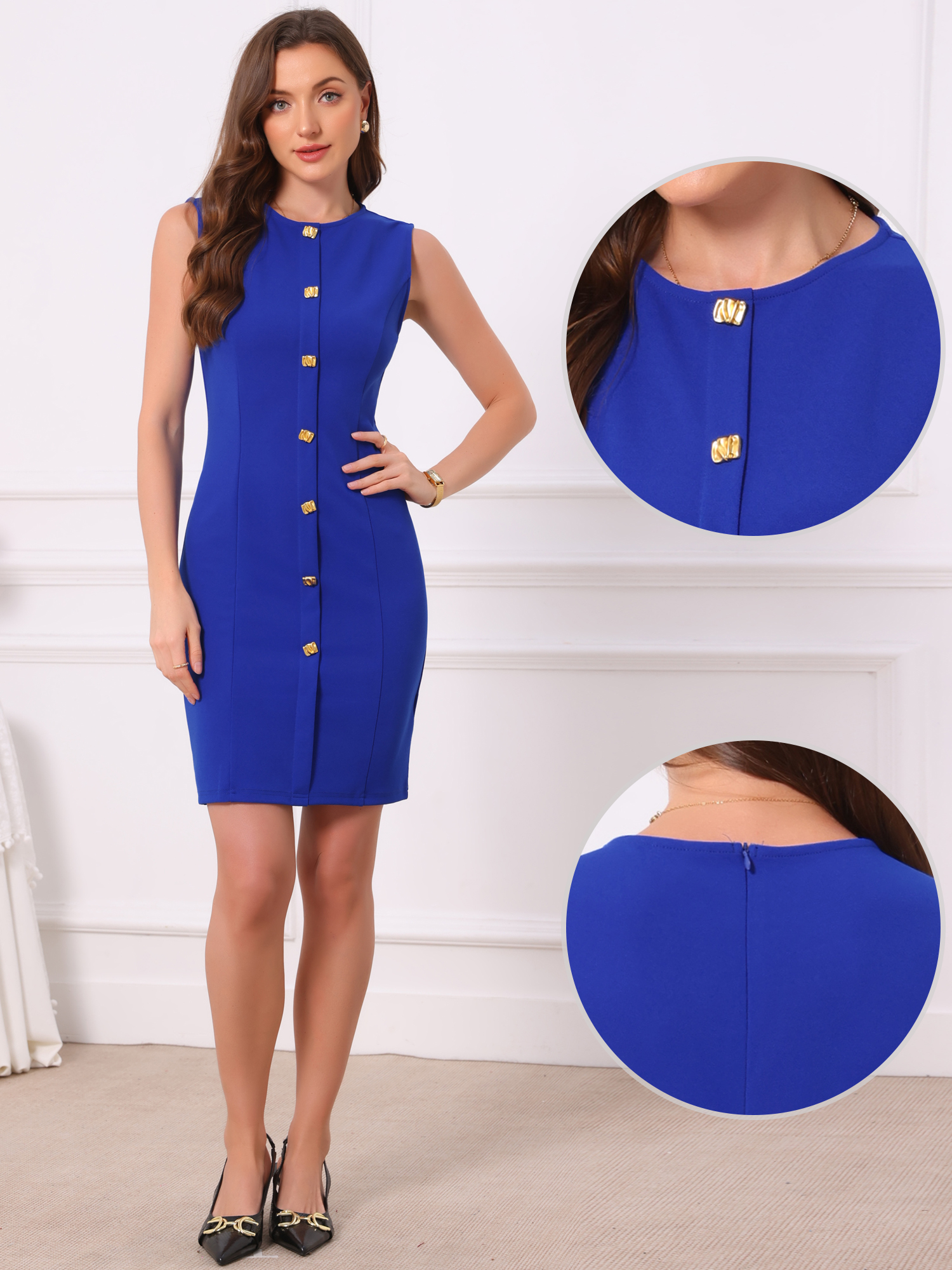 Sleeveless Crew Neck Button Decro Business Casual Work Dress Royal Blue/XS
