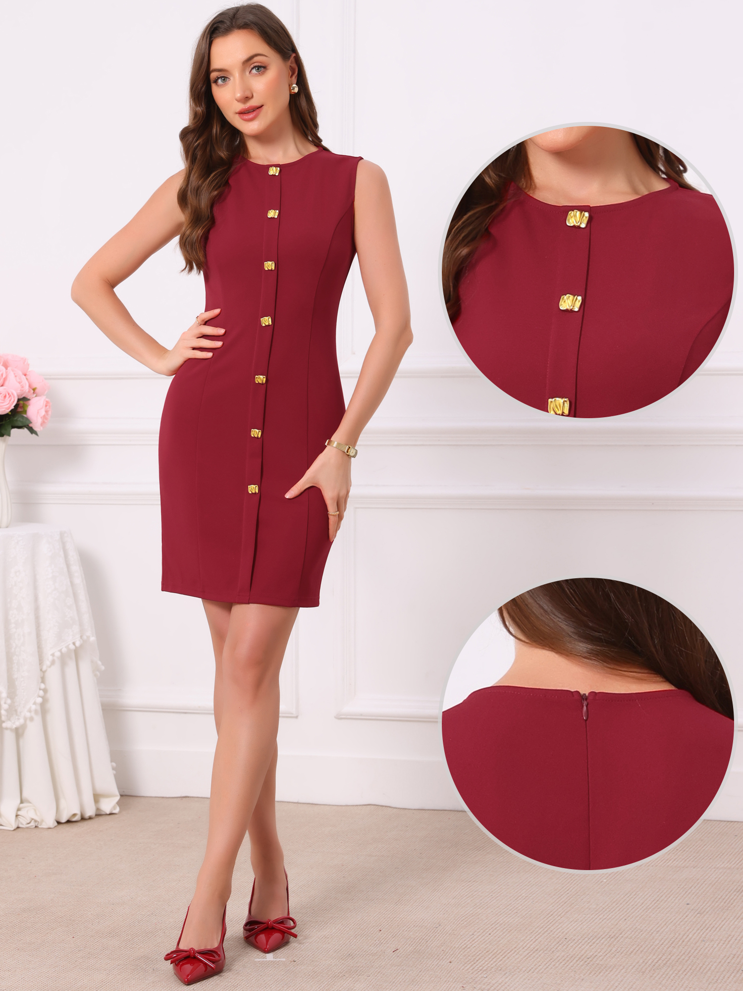 Sleeveless Crew Neck Button Decro Business Casual Work Dress Deep Red/XS