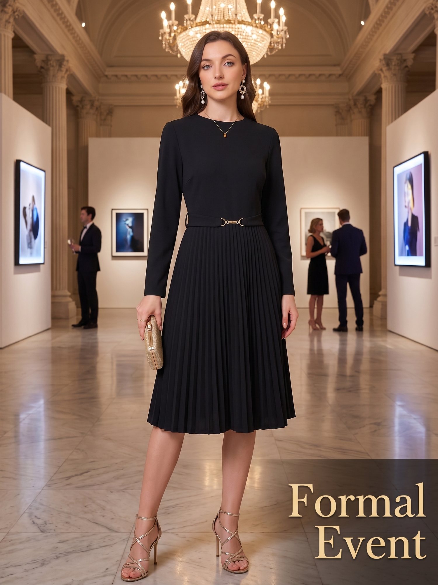 Long Sleeve Crew Neck Belted Pleated A-Line Midi Dress Black/M