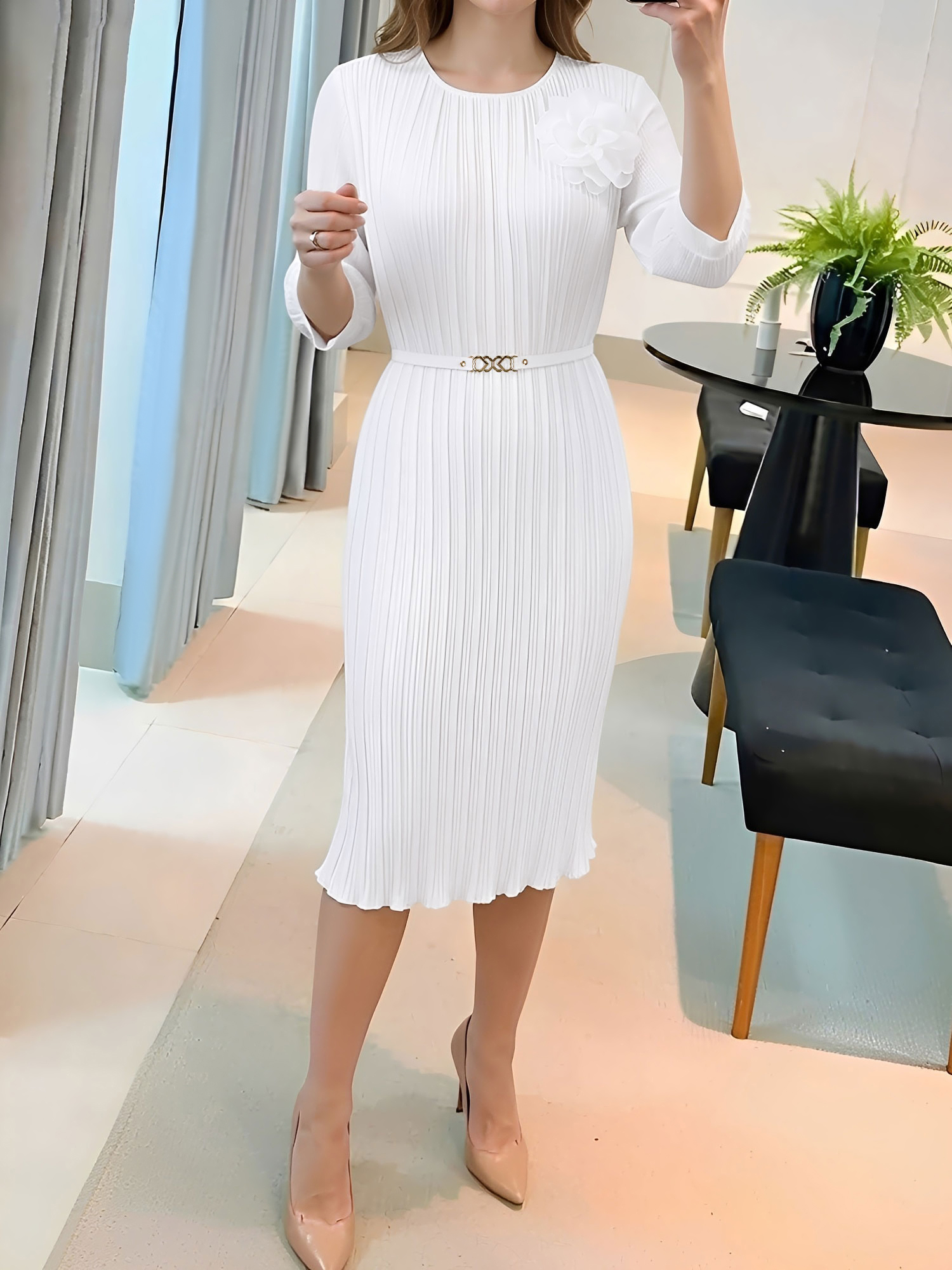 Round Neck 3/4 Sleeves Pleated Flower Decor Midi Dress White/XL