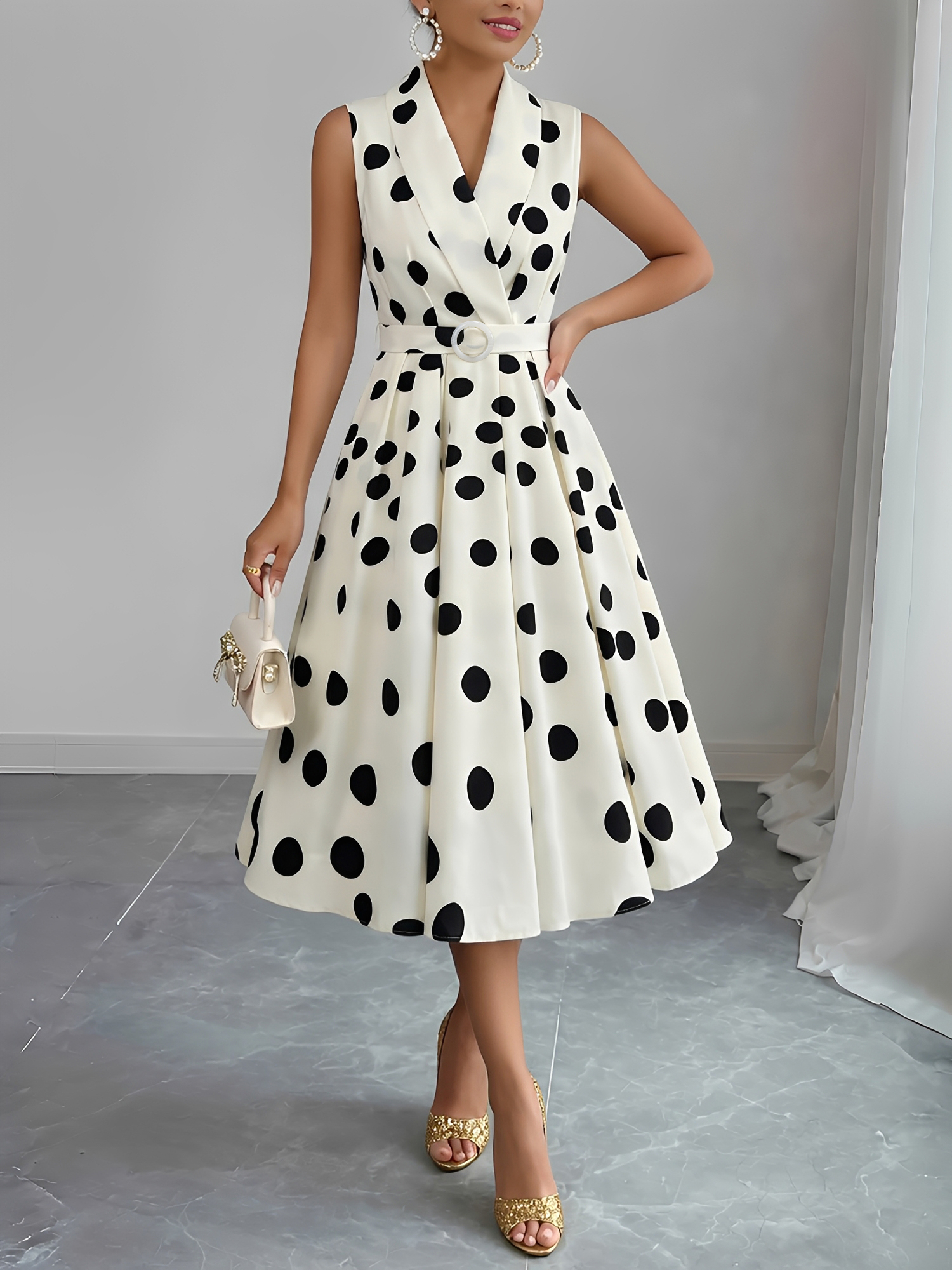Solid Color/Polka Dot Belted Midi Vintage Swing Dress Apricot Black/M