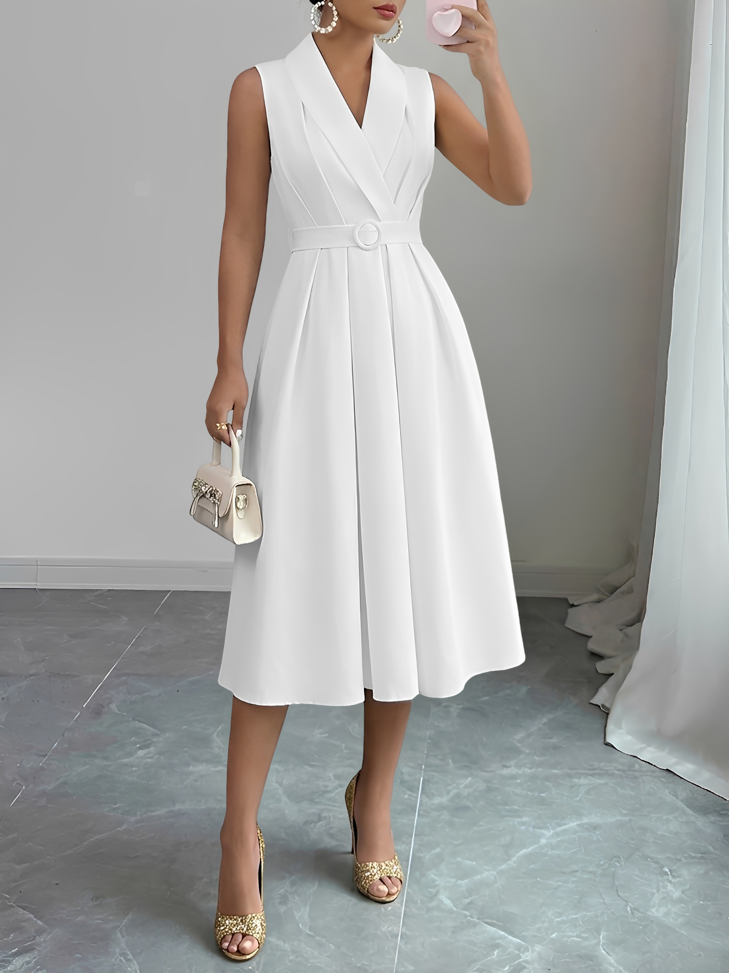Solid Color/Polka Dot Belted Midi Vintage Swing Dress White/XS