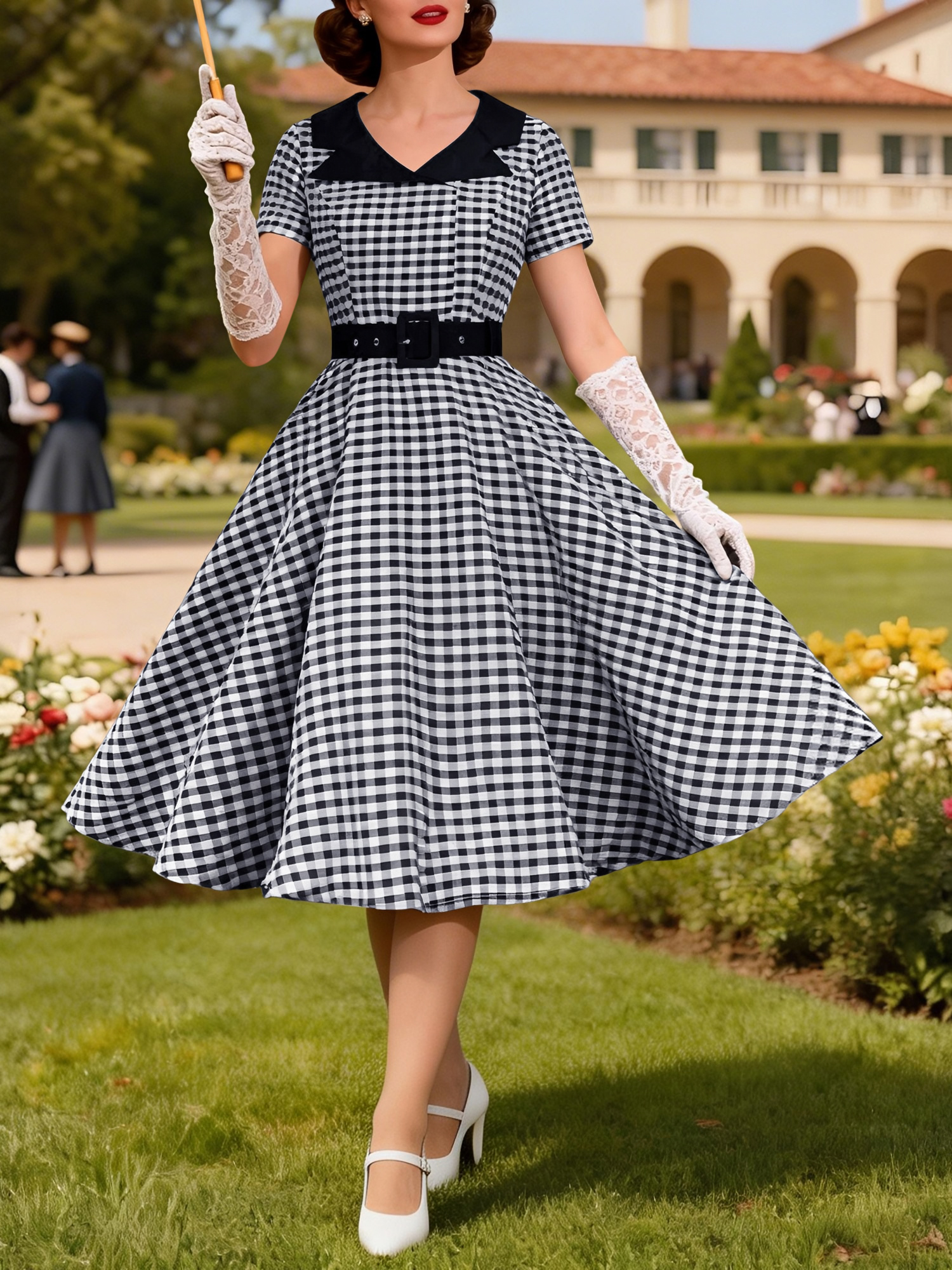 Colorblock Gingham Short Sleeve Belted Retro Swing Dress Black/M