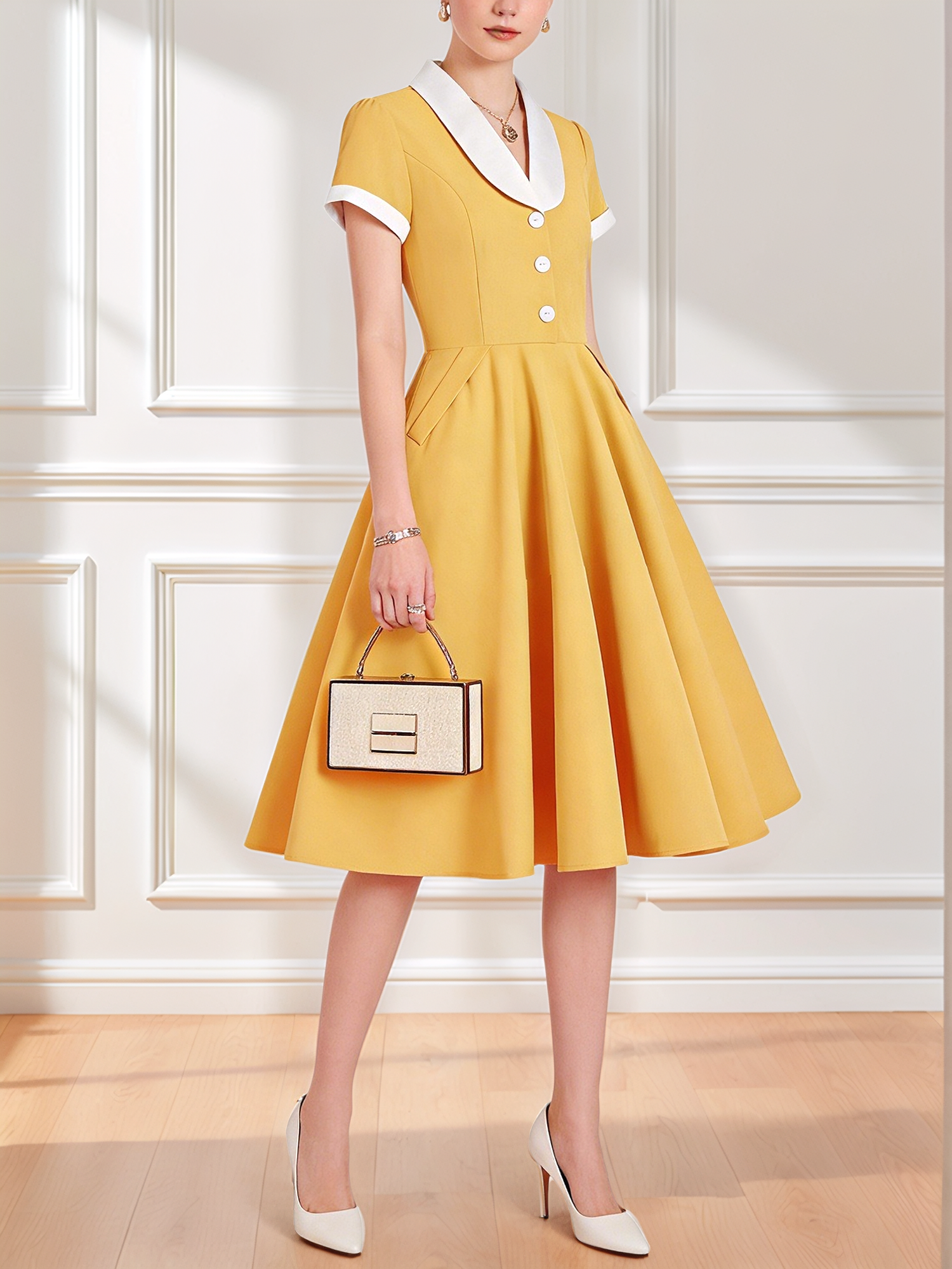 Colorblock Short Sleeves Retro Style Midi Swing Dress Yellow/L