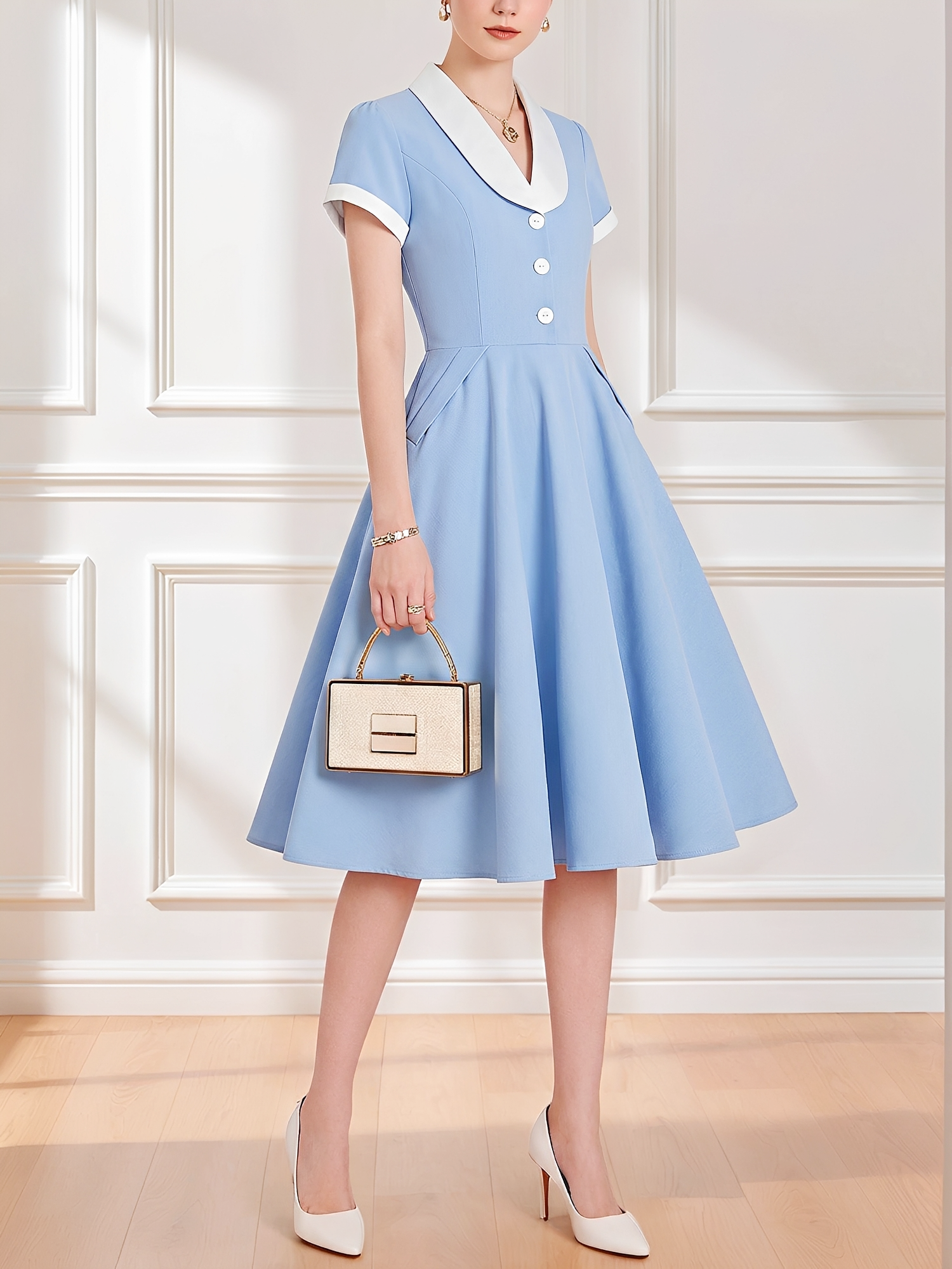 Colorblock Short Sleeves Retro Style Midi Swing Dress Light Blue/M
