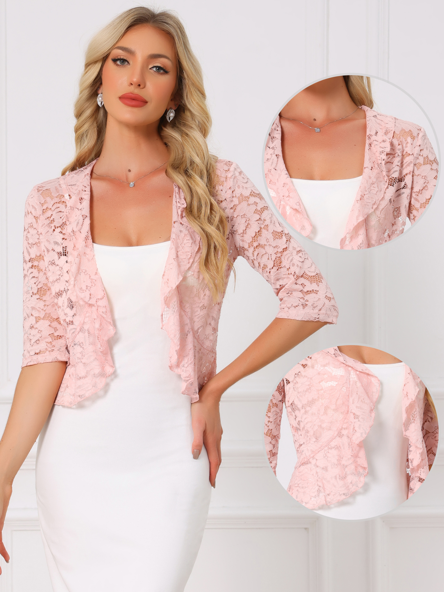 Lace Sheer 3/4 Sleeve Ruffle Hem Open Front Bolero Shrug Light Pink/S