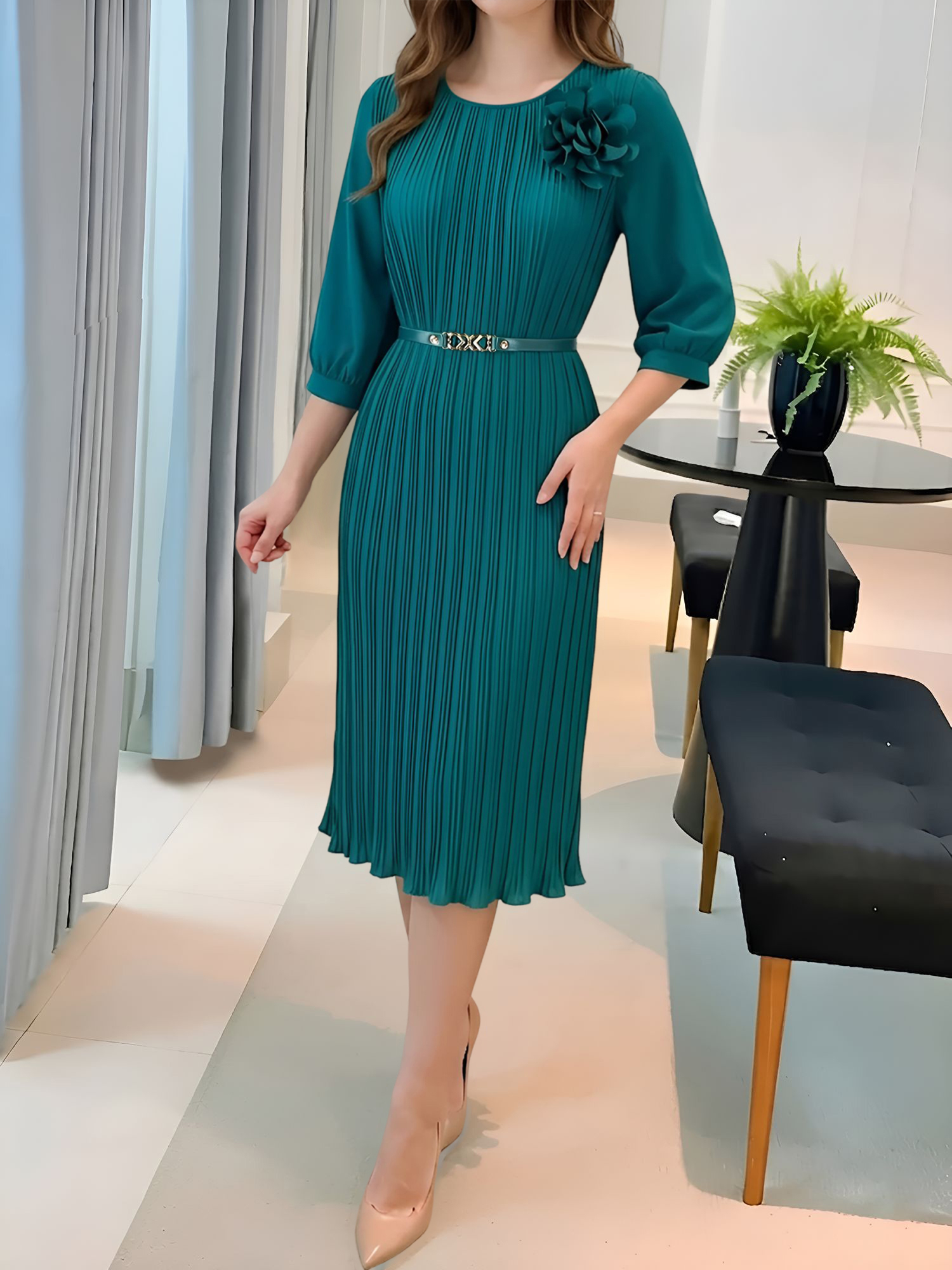 Round Neck 3/4 Sleeves Pleated Flower Decor Midi Dress Green/XL