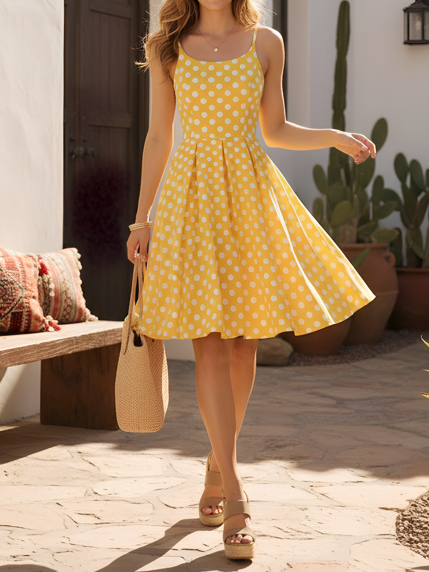 Retro Polka Dot Backless Spaghetti Strap Midi Swing Dress Yellow/XS