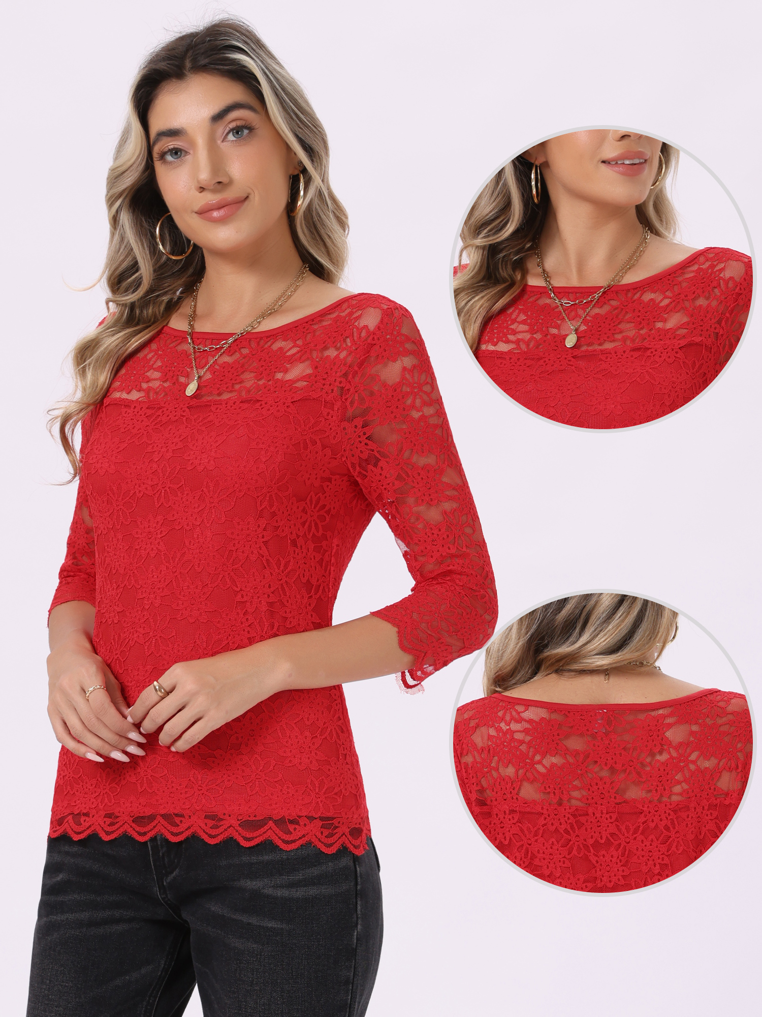 Floral Lace Sheer 3/4 Sleeve Boat Neck Blouse Red/S