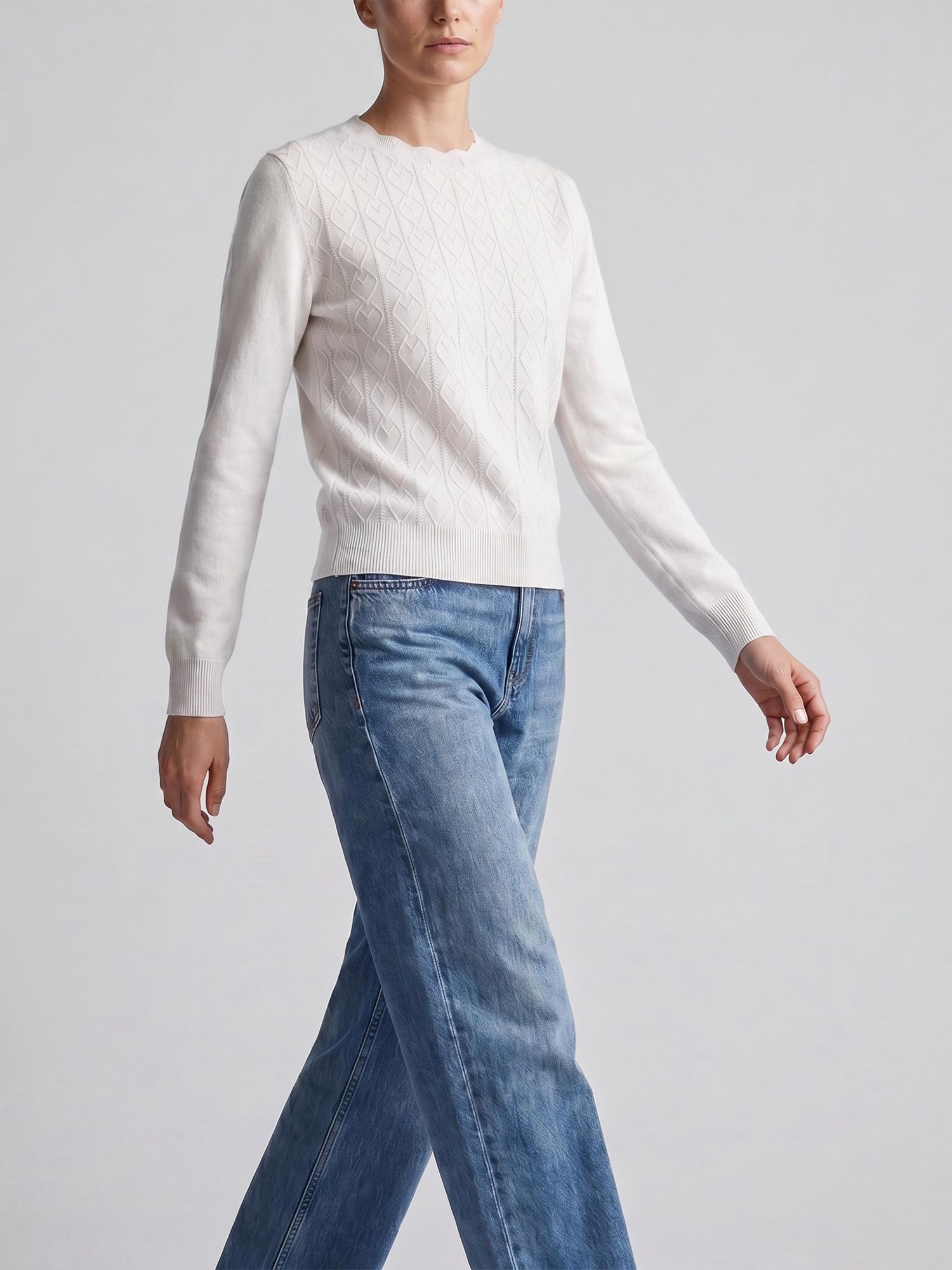 Argyle Knit Wavy Crew Neck Long Sleeve Sweater White/M